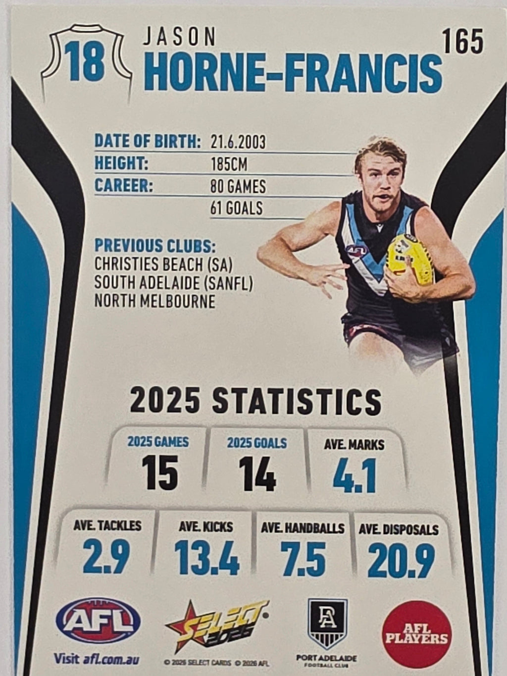 2026 AFL Footy Stars Base Card #165 Jason Horne-Francis - Port Adelaide Power