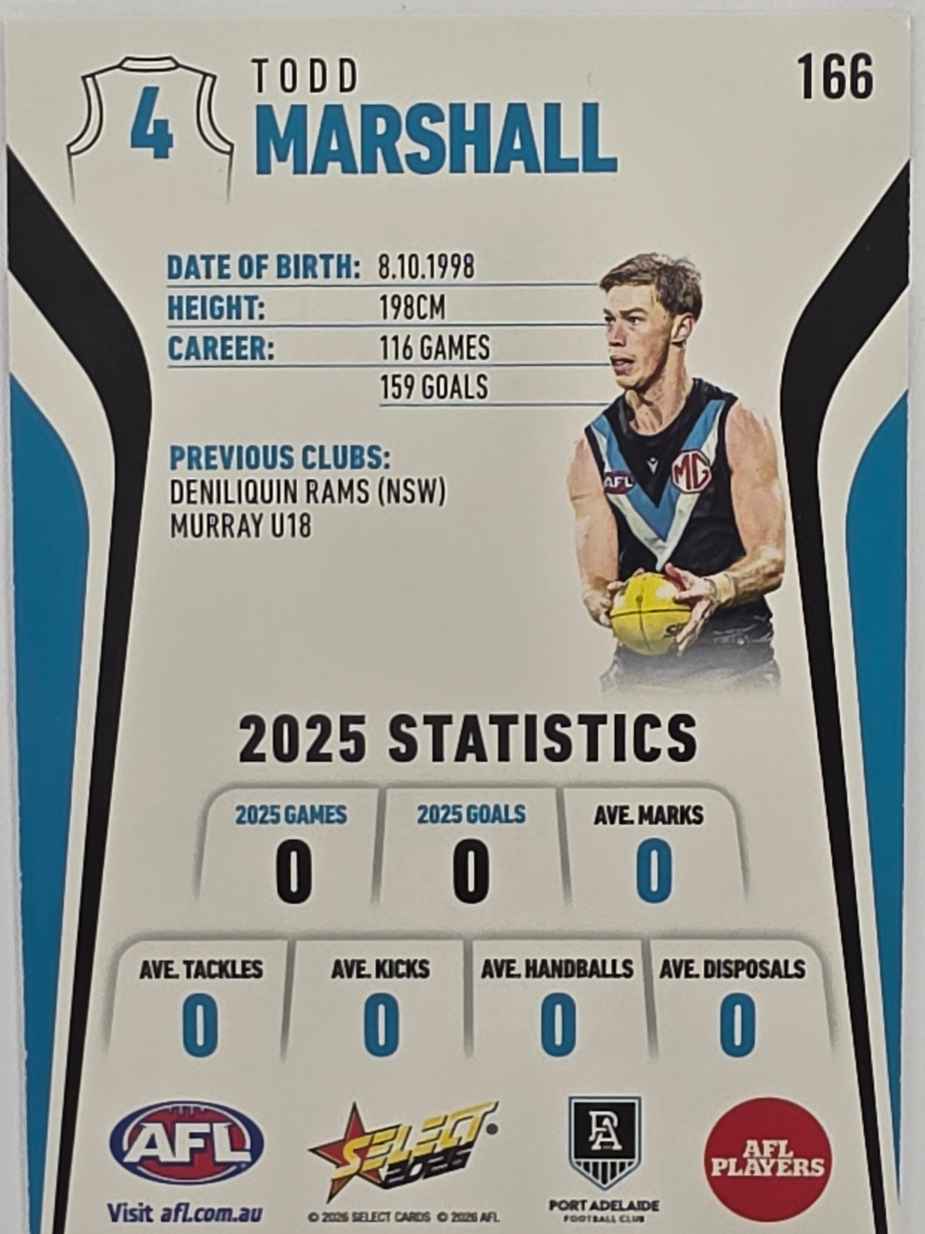 2026 AFL Footy Stars Base Card #166 Todd Marshall - Port Adelaide Power