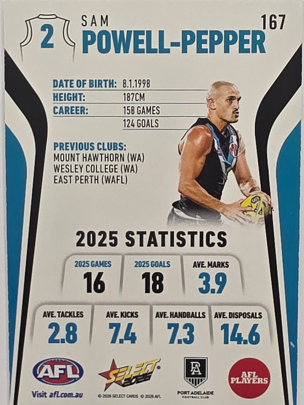 2026 AFL Footy Stars Base Card #167 Sam Powell-Pepper - Port Adelaide Power