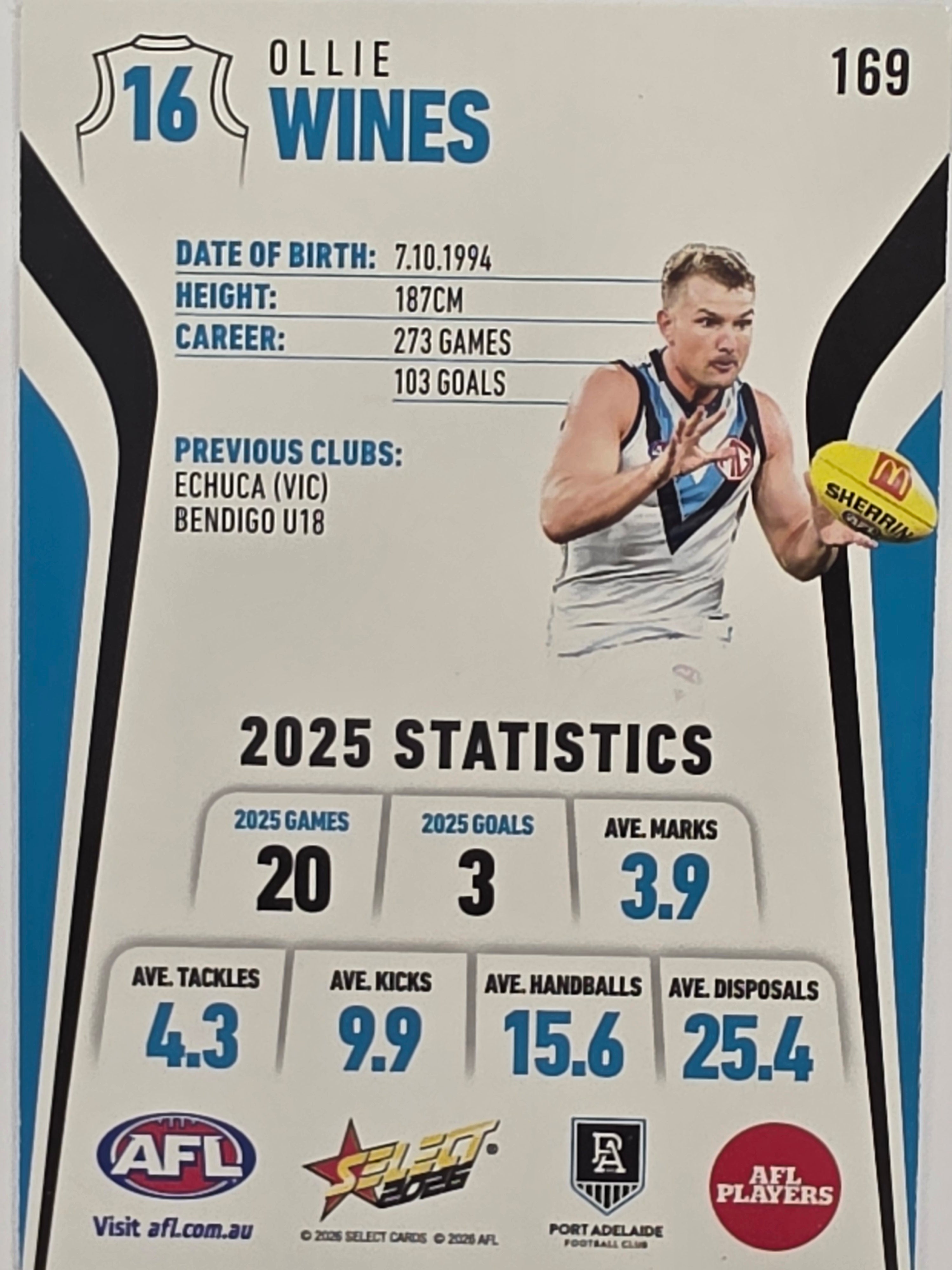 2026 AFL Footy Stars Base Card #169 Ollie Wines - Port Adelaide Power
