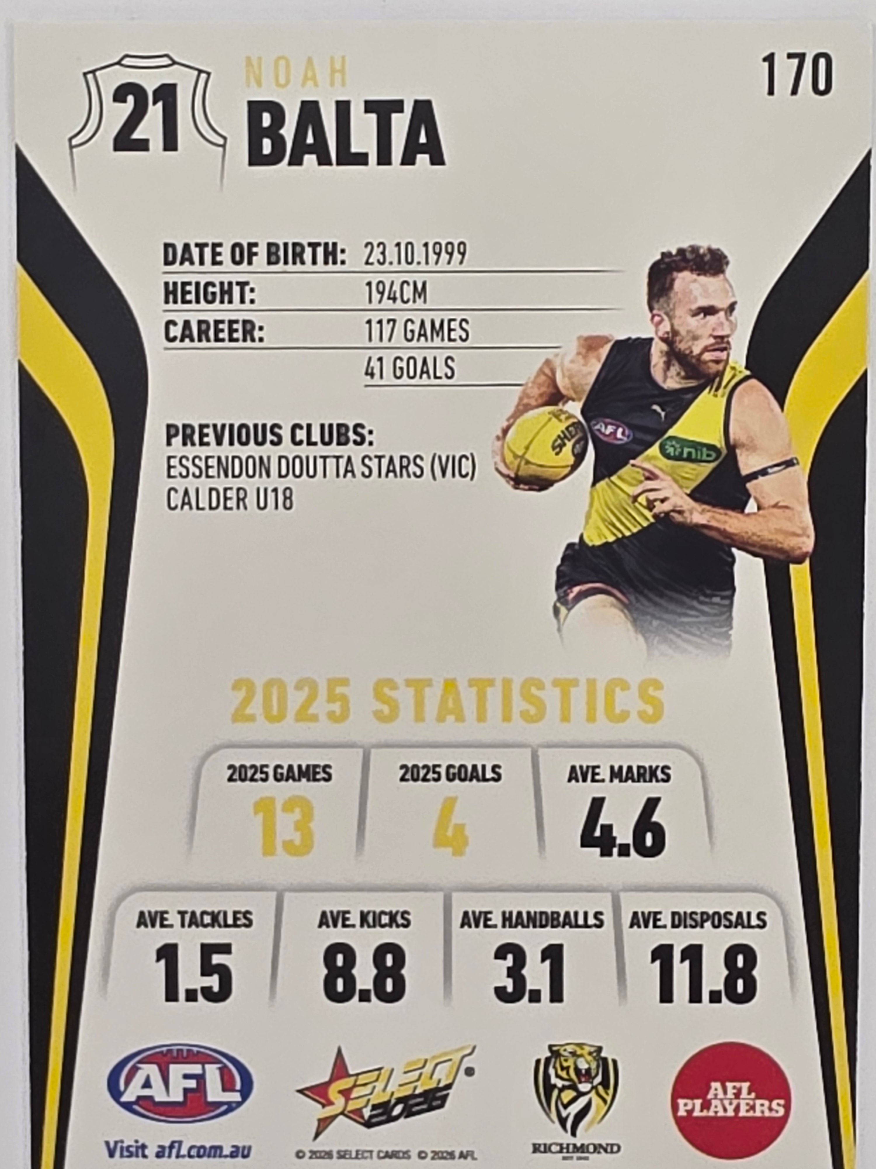2026 AFL Footy Stars Base Card #170 Noah Balta - Richmond Tigers