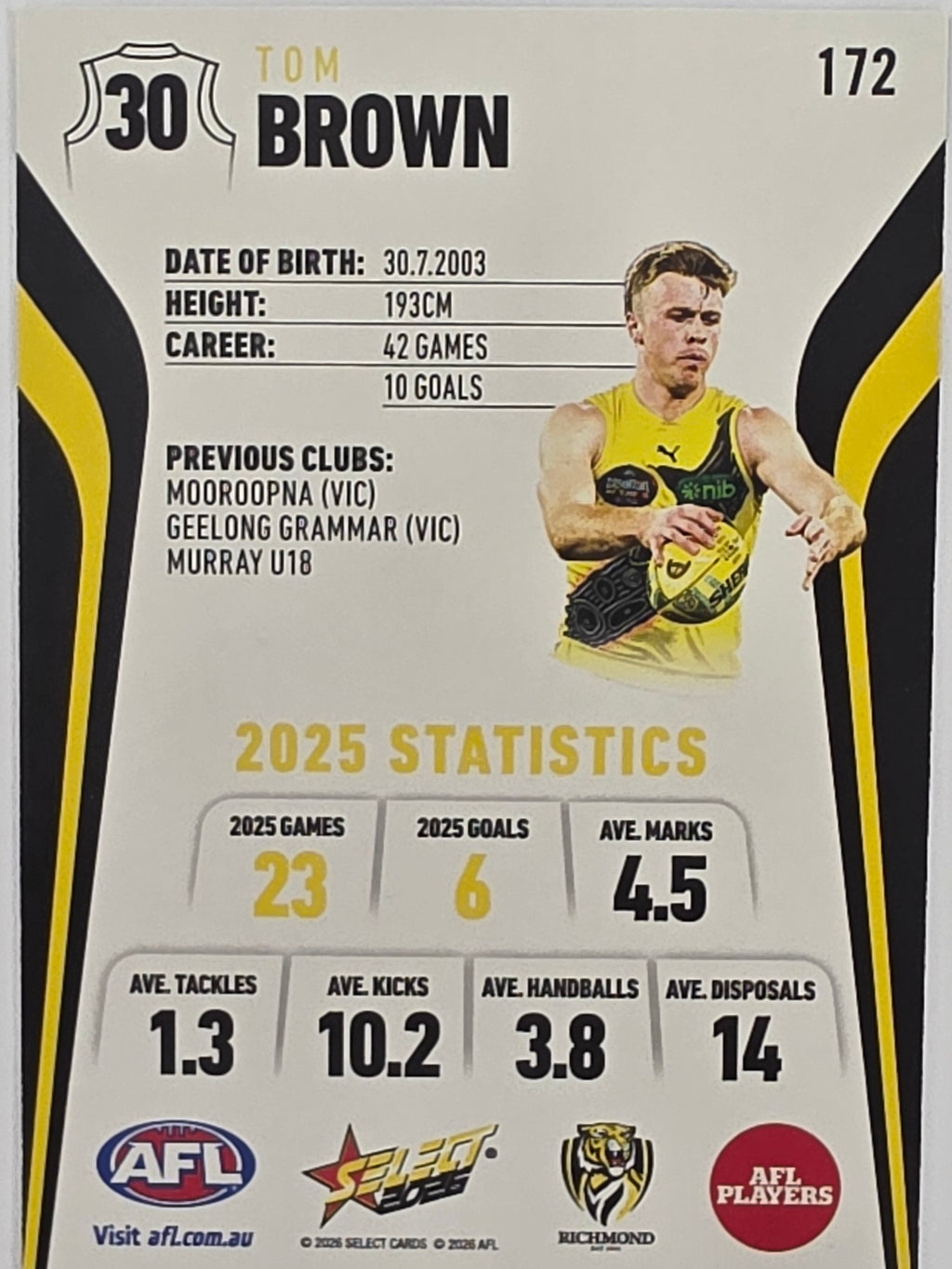 2026 AFL Footy Stars Base Card #172 Tom Brown - Richmond Tigers