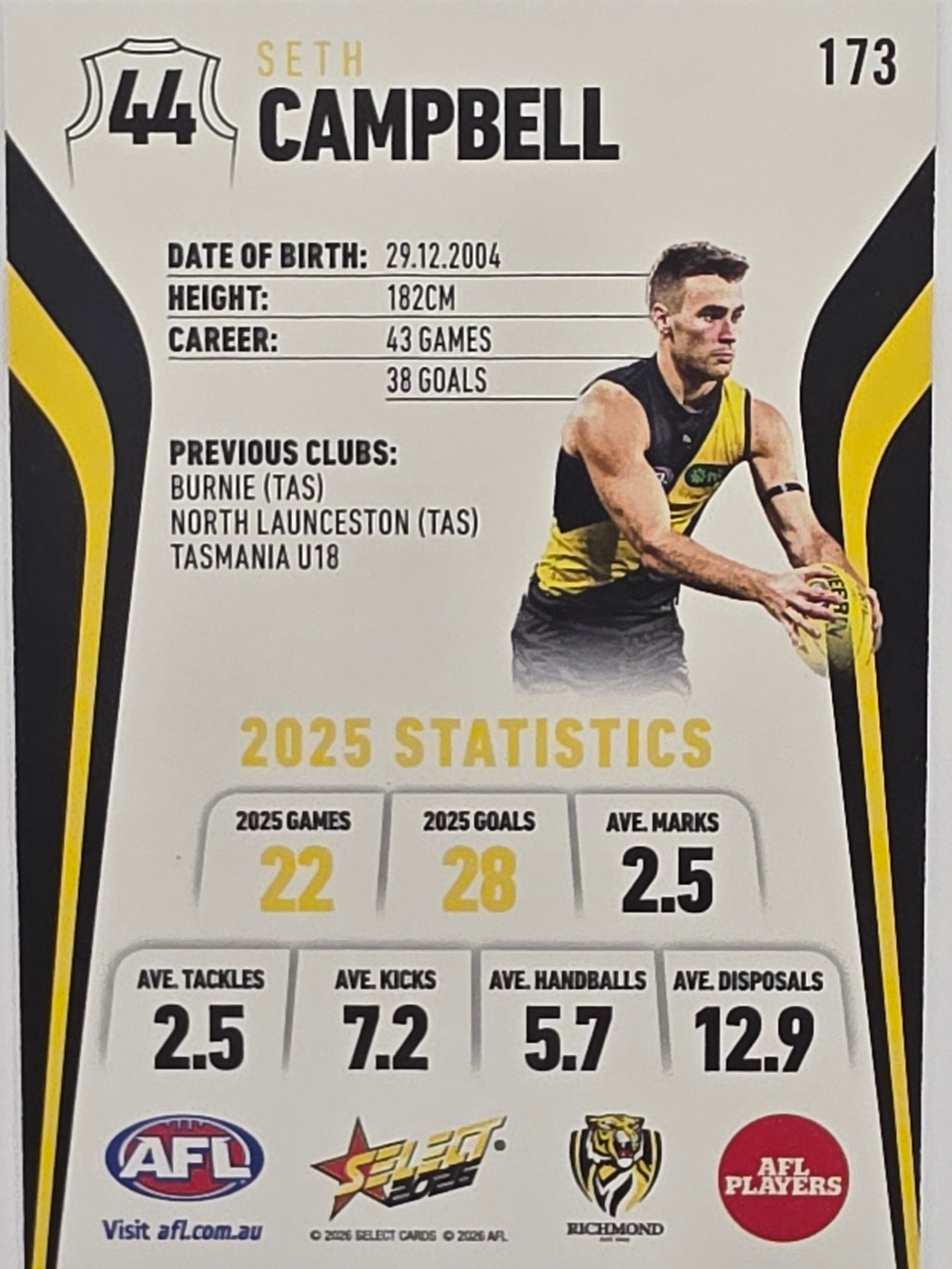 2026 AFL Footy Stars Base Card #173 Seth Campbell - Richmond Tigers