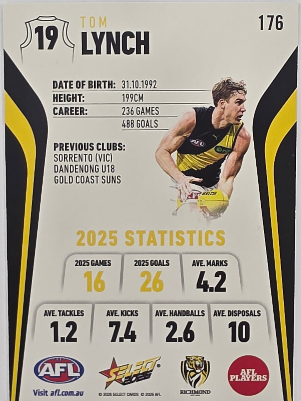 2026 AFL Footy Stars Base Card #176 Tom Lynch - Richmond Tigers