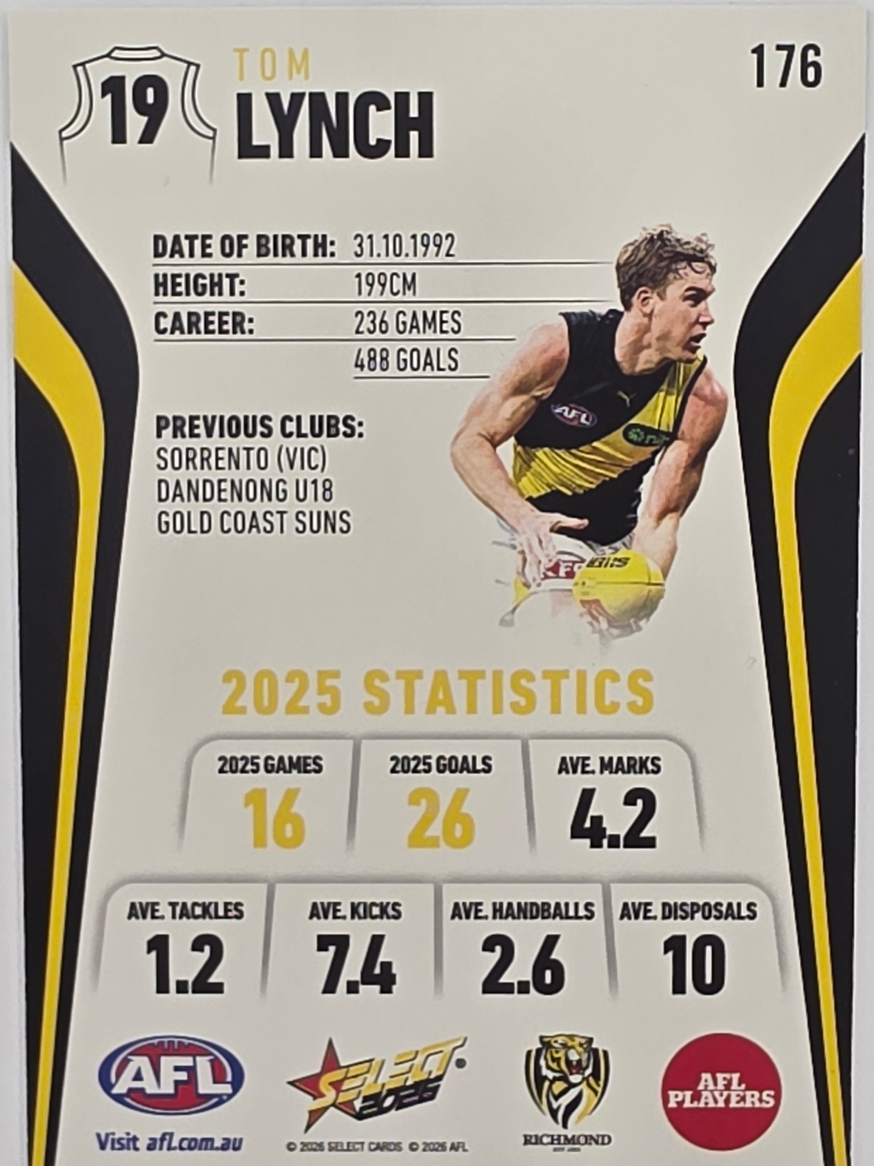 2026 AFL Footy Stars Base Card #176 Tom Lynch - Richmond Tigers