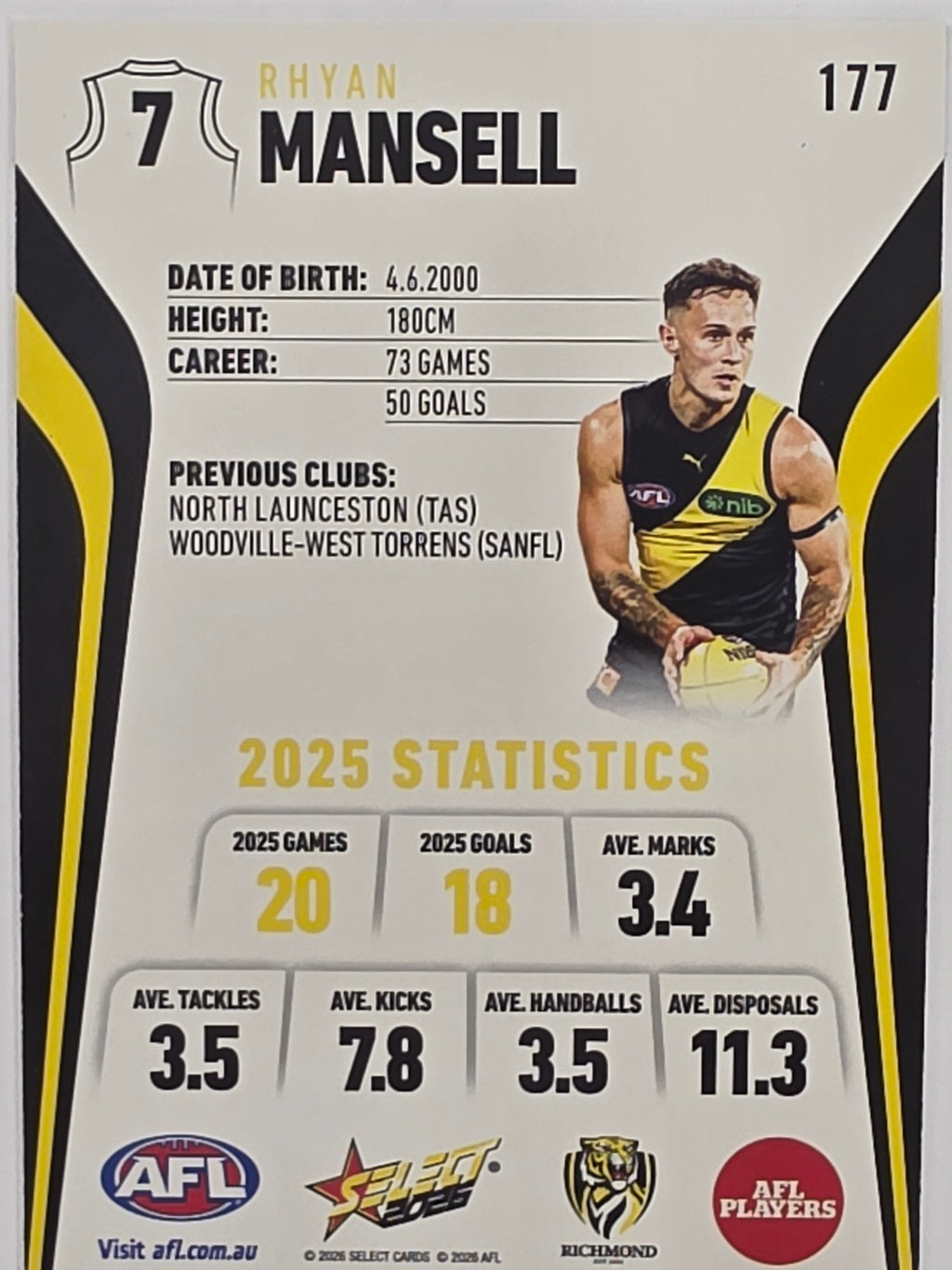 2026 AFL Footy Stars Base Card #177 Rhyan Mansell - Richmond Tigers