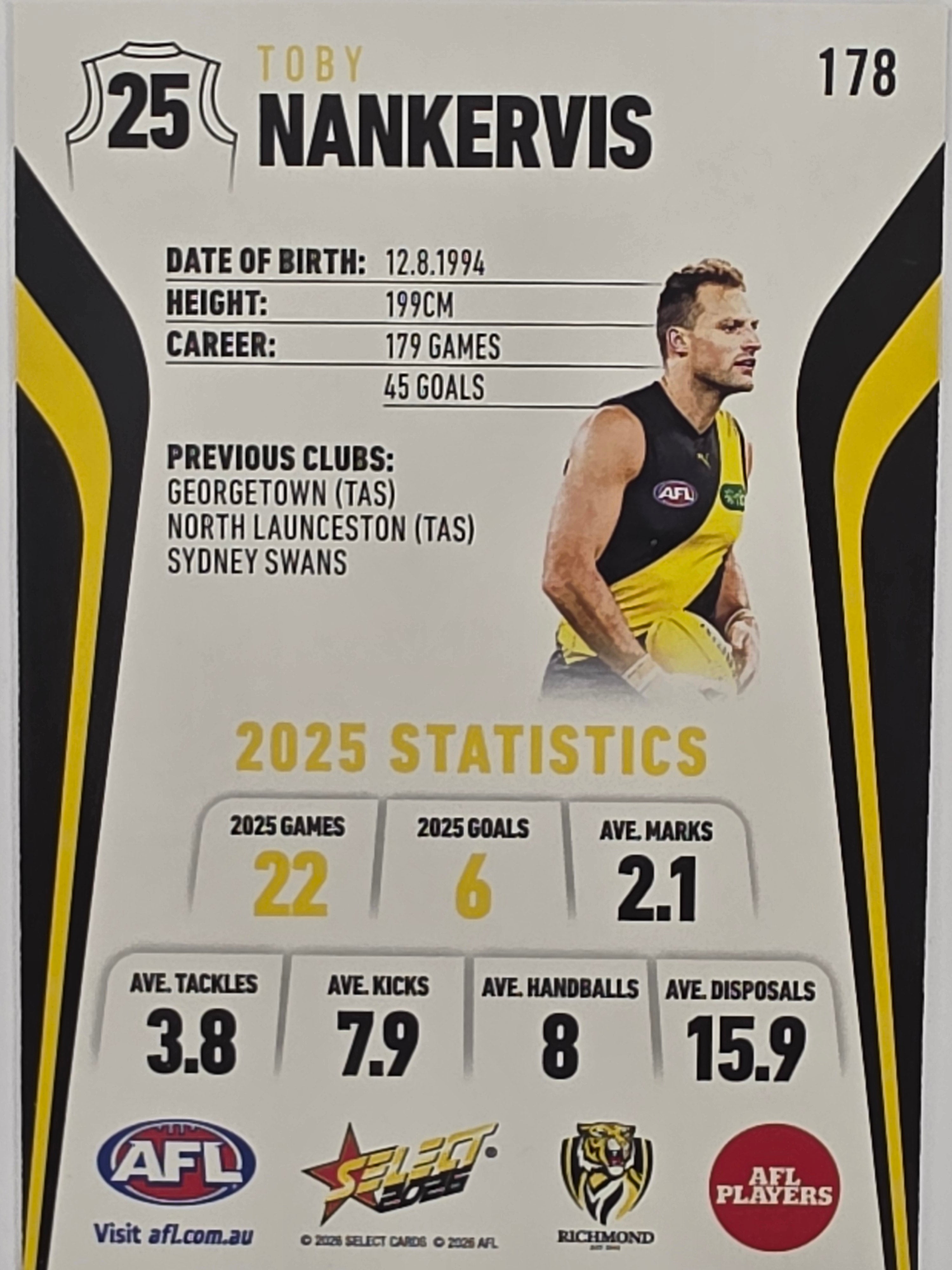 2026 AFL Footy Stars Base Card #178 Toby Nankervis - Richmond Tigers
