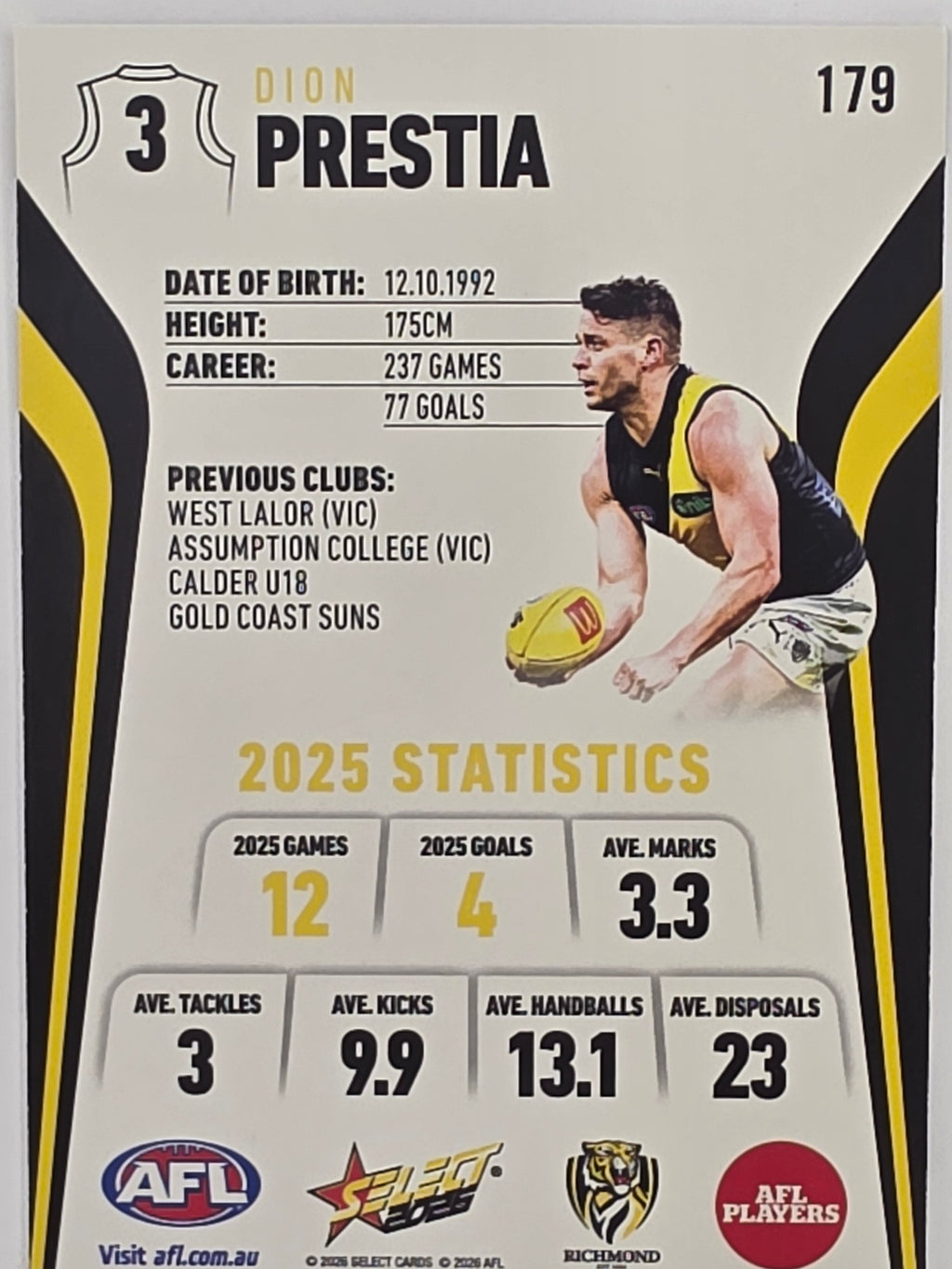 2026 AFL Footy Stars Base Card #179 Dion Prestia - Richmond Tigers