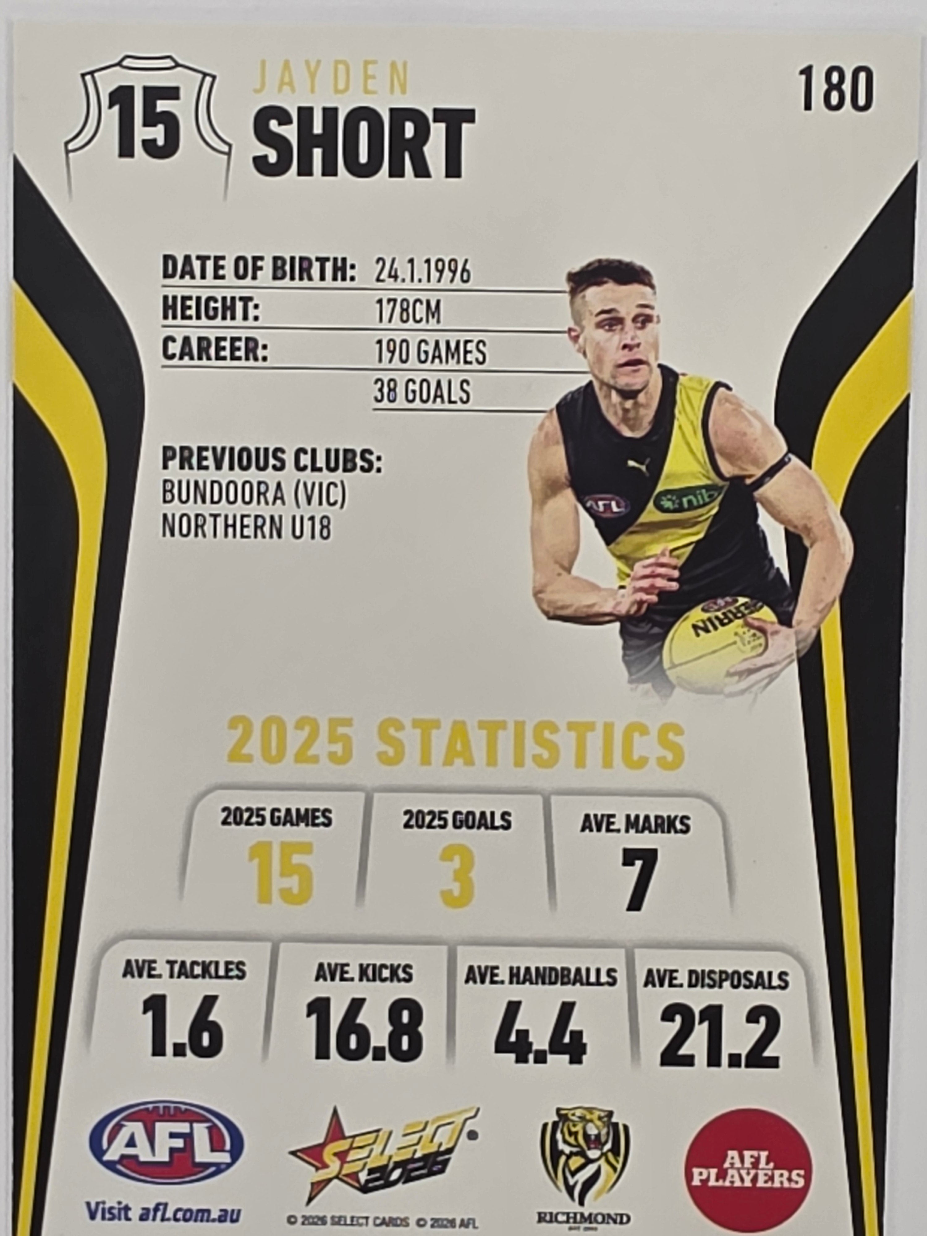 2026 AFL Footy Stars Base Card #180 Jayden Short - Richmond Tigers