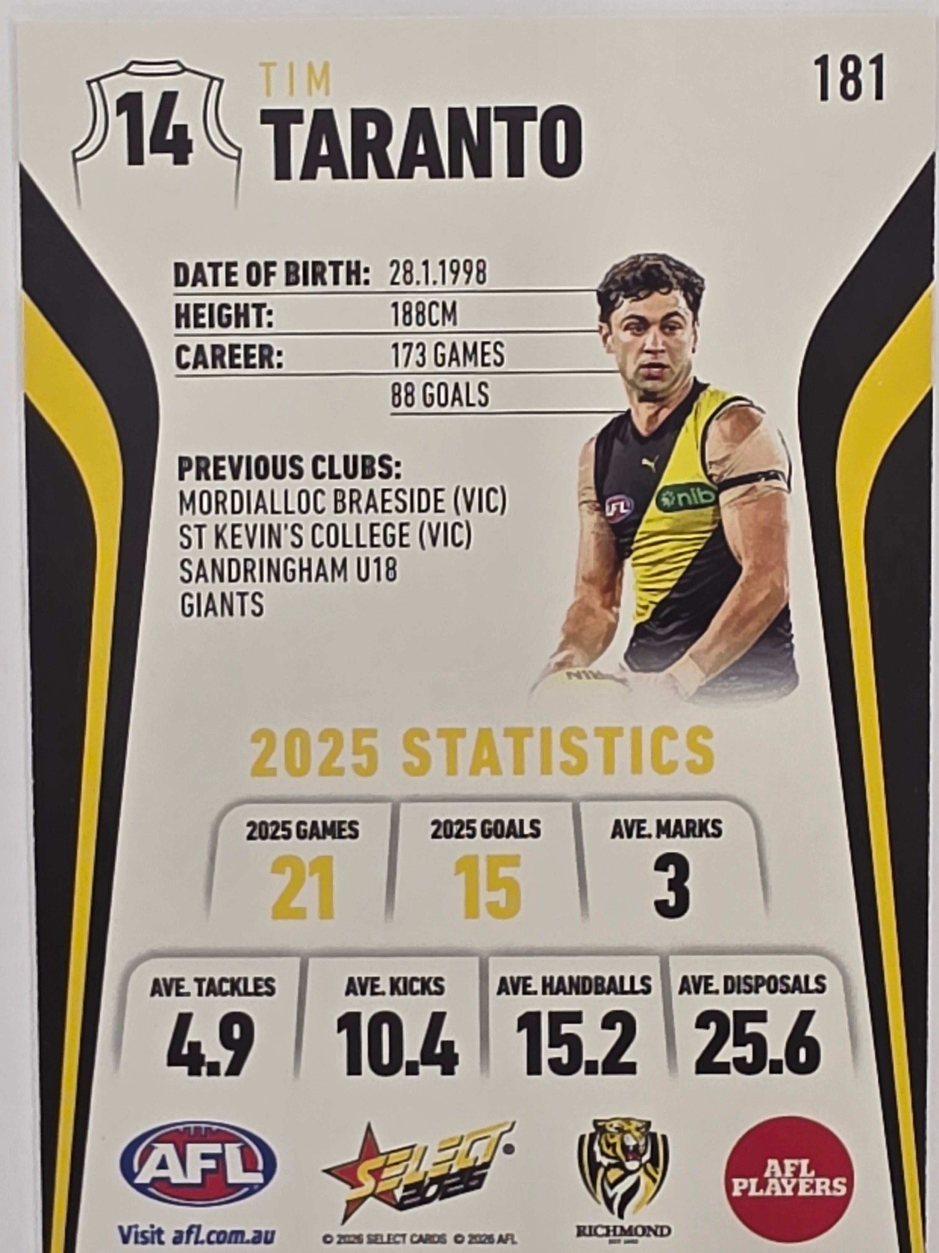 2026 AFL Footy Stars Base Card #181 Tim Taranto - Richmond Tigers