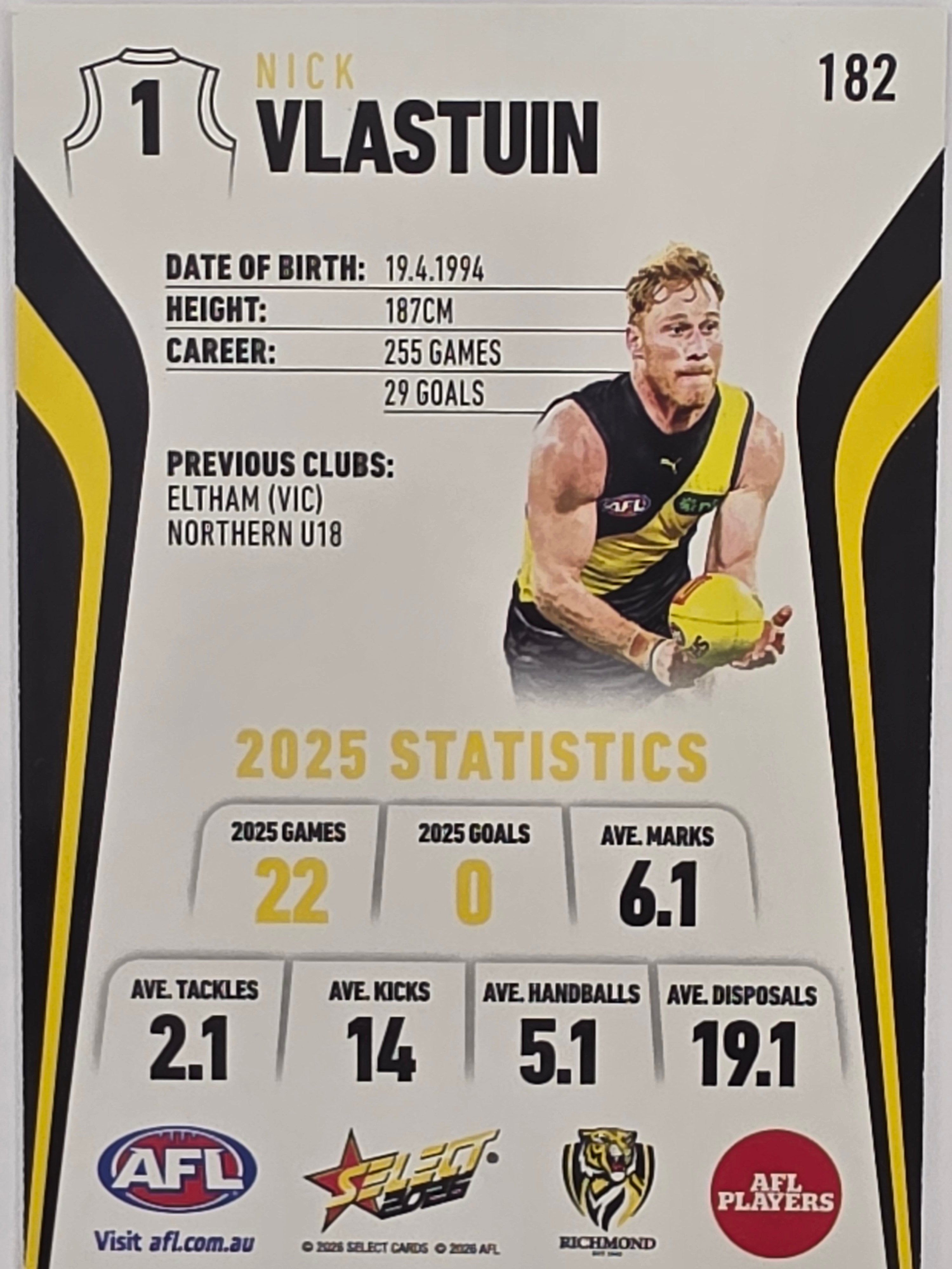2026 AFL Footy Stars Base Card #182 Nick Vlastuin - Richmond Tigers