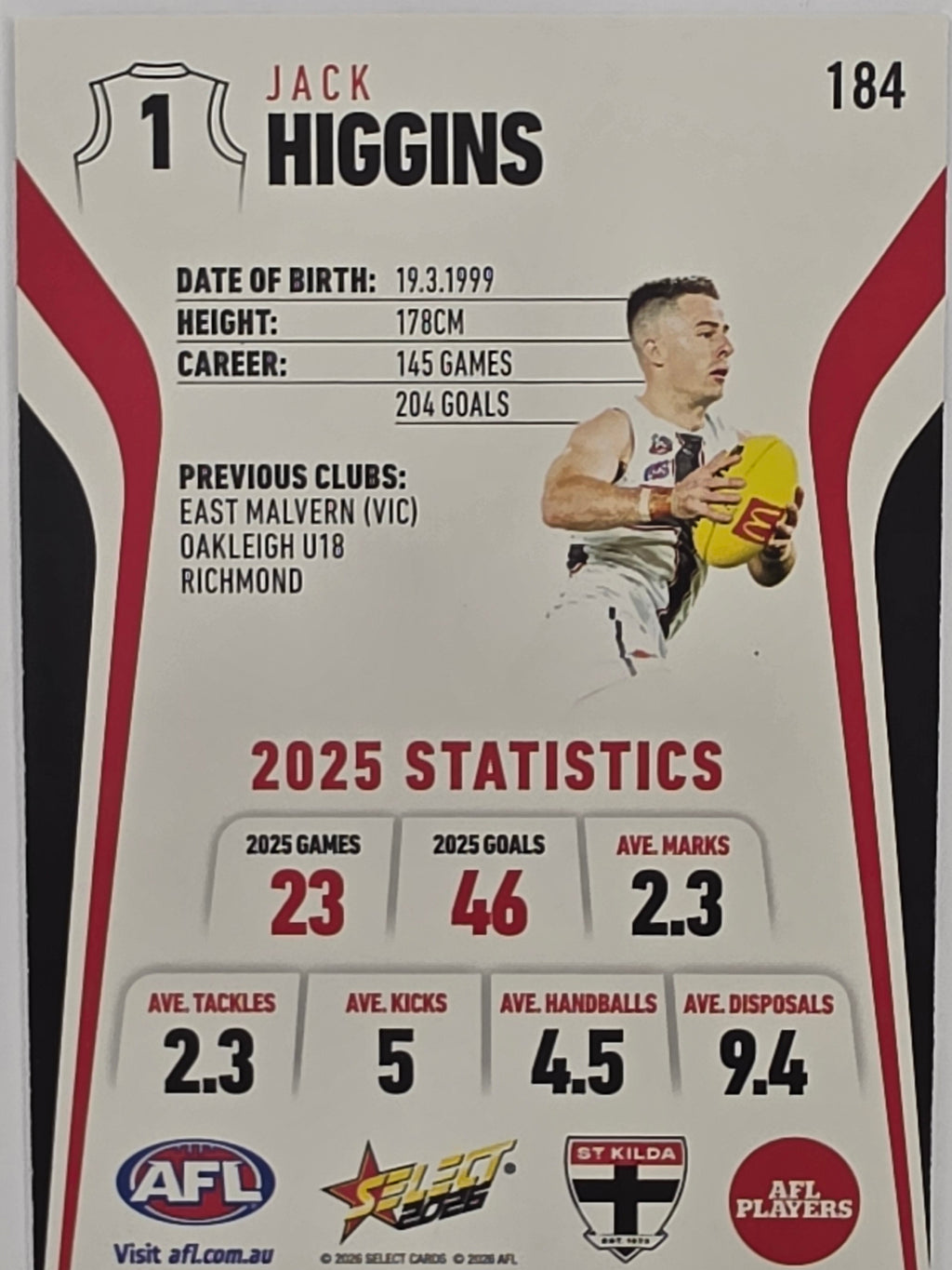 2026 AFL Footy Stars Base Card #184 Jack Higgins - St Kilda Saints