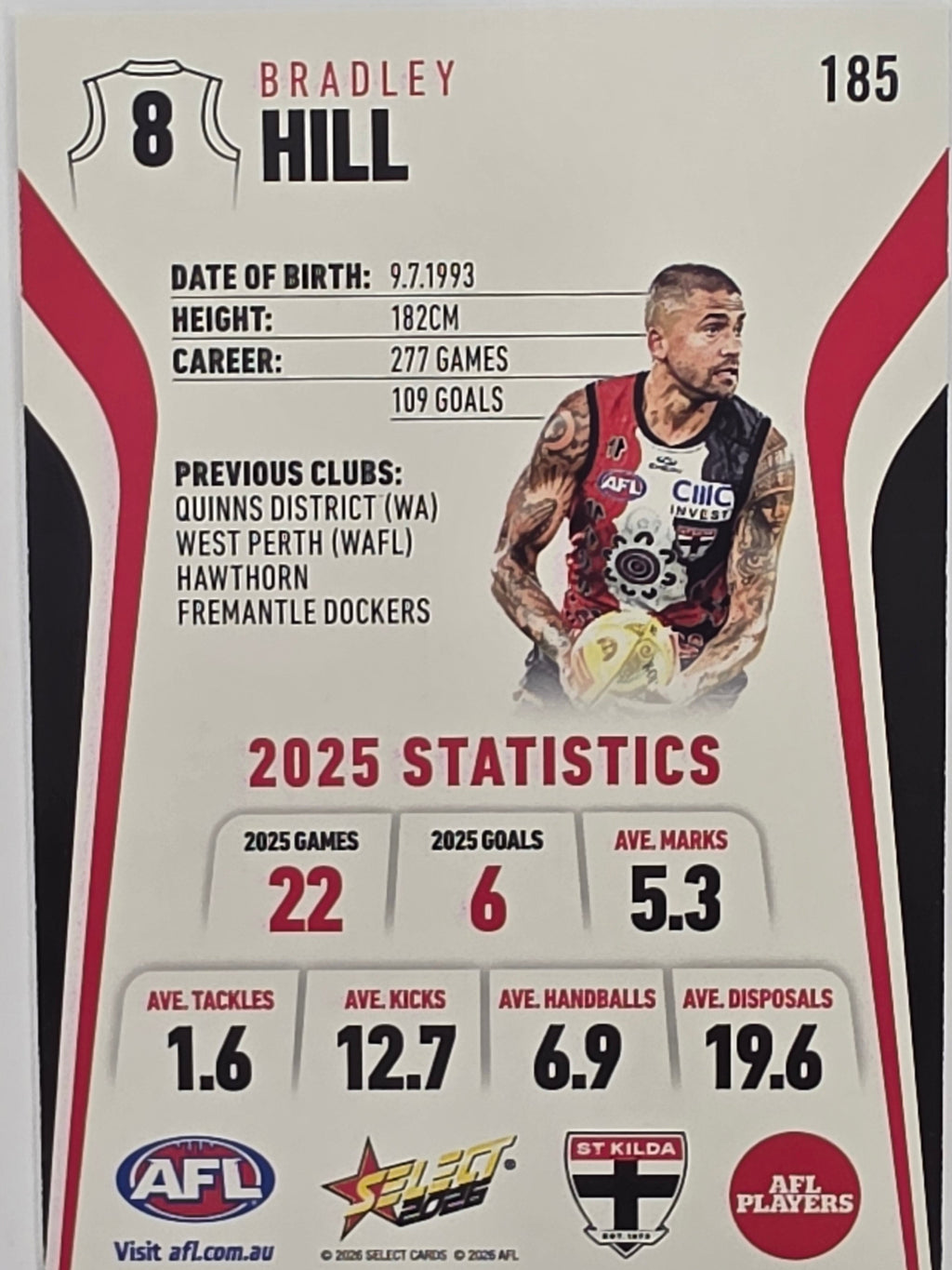 2026 AFL Footy Stars Base Card #185 Bradley Hill - St Kilda Saints