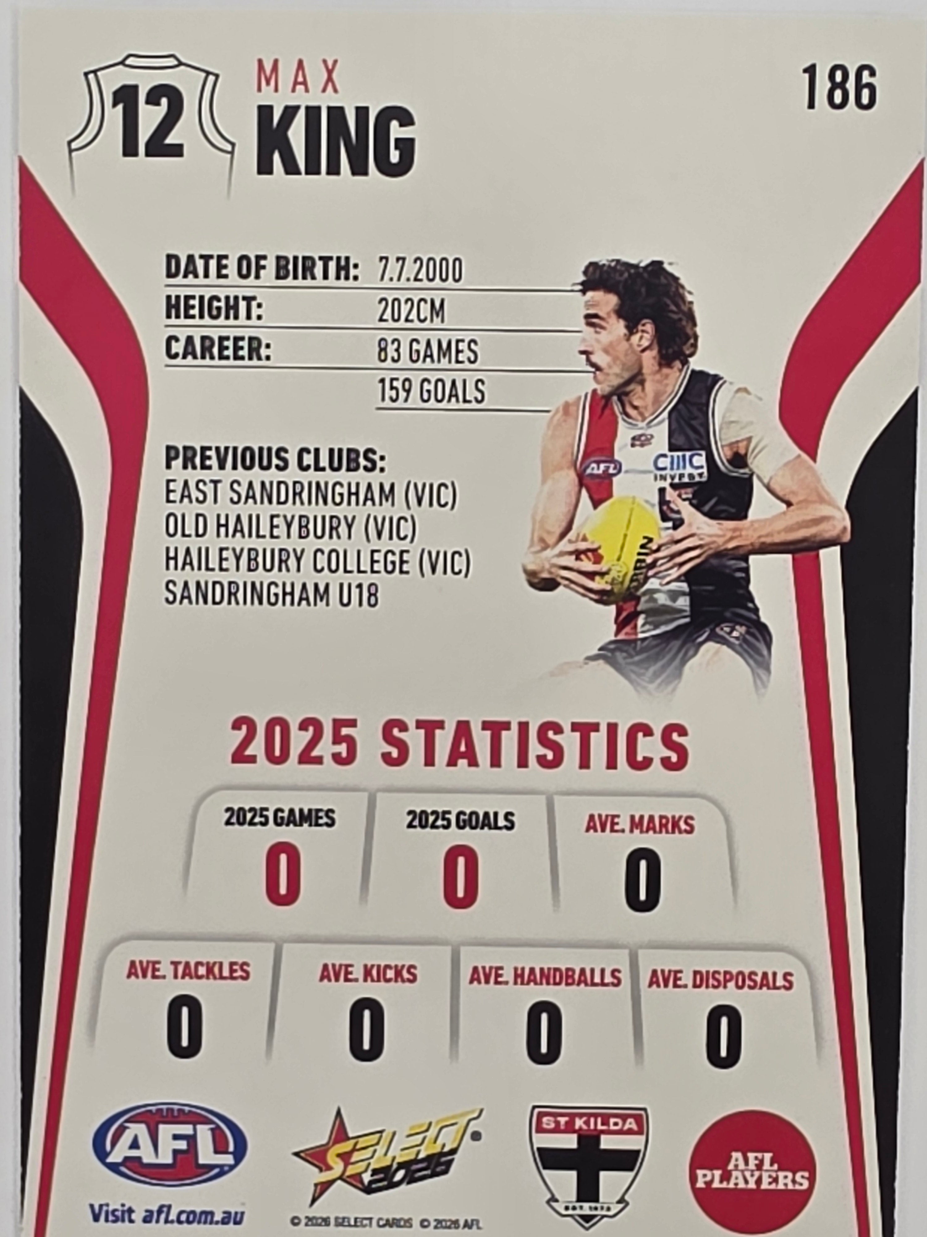 2026 AFL Footy Stars Base Card #186 Max King - St Kilda Saints