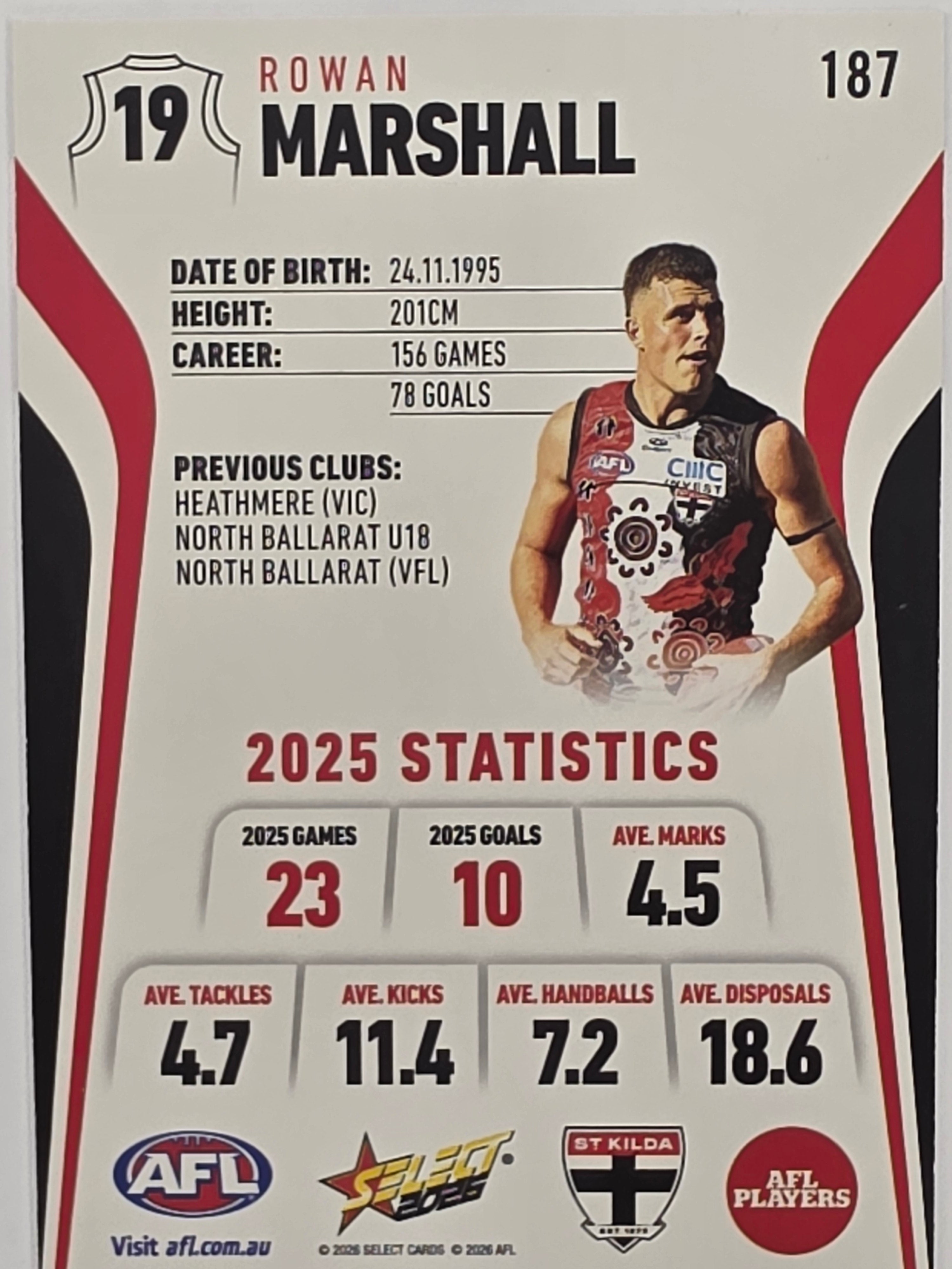 2026 AFL Footy Stars Base Card #187 Rowan Marshall - St Kilda Saints