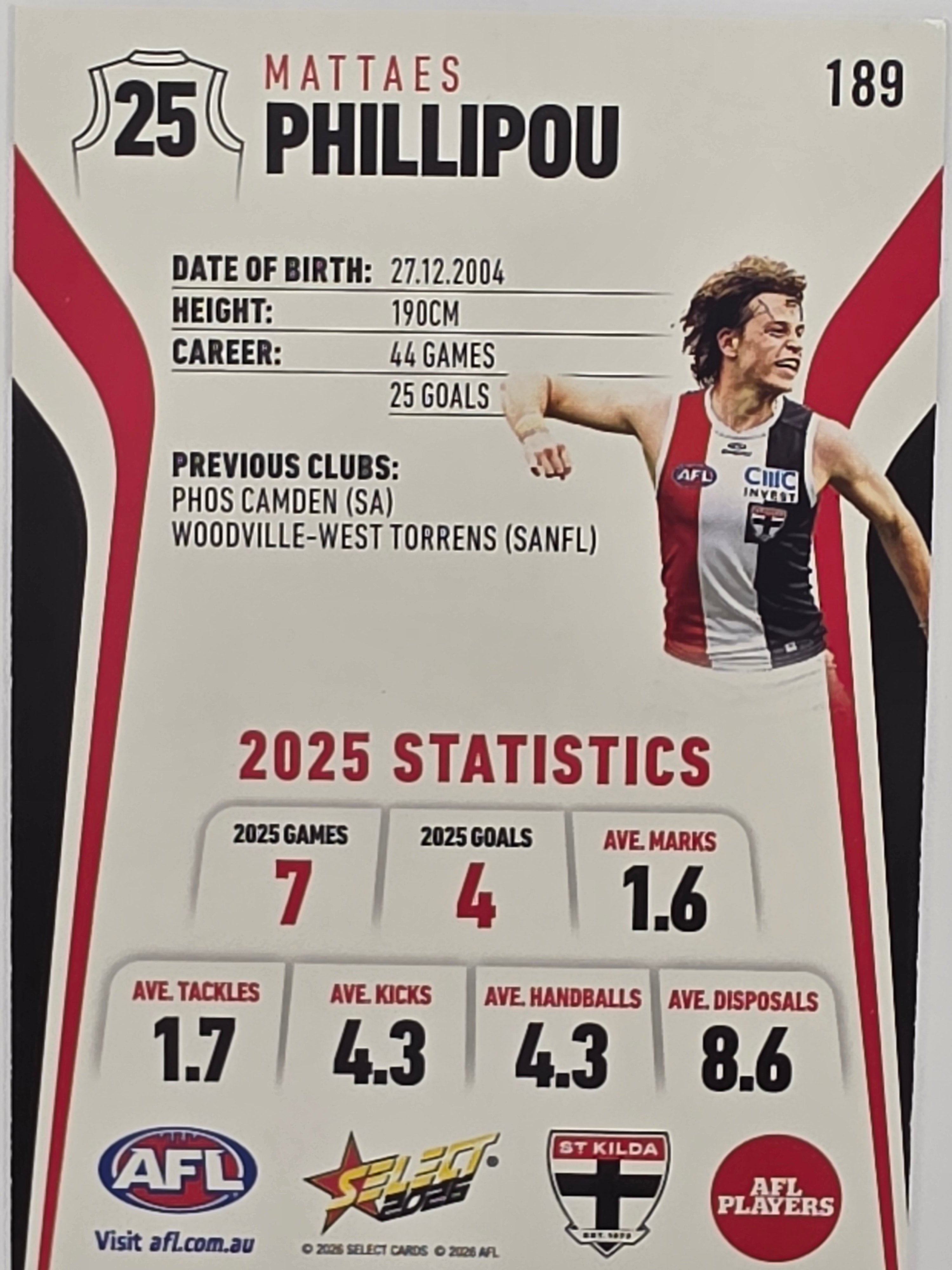 2026 AFL Footy Stars Base Card #189 Mattaes Phillipou - St Kilda Saints