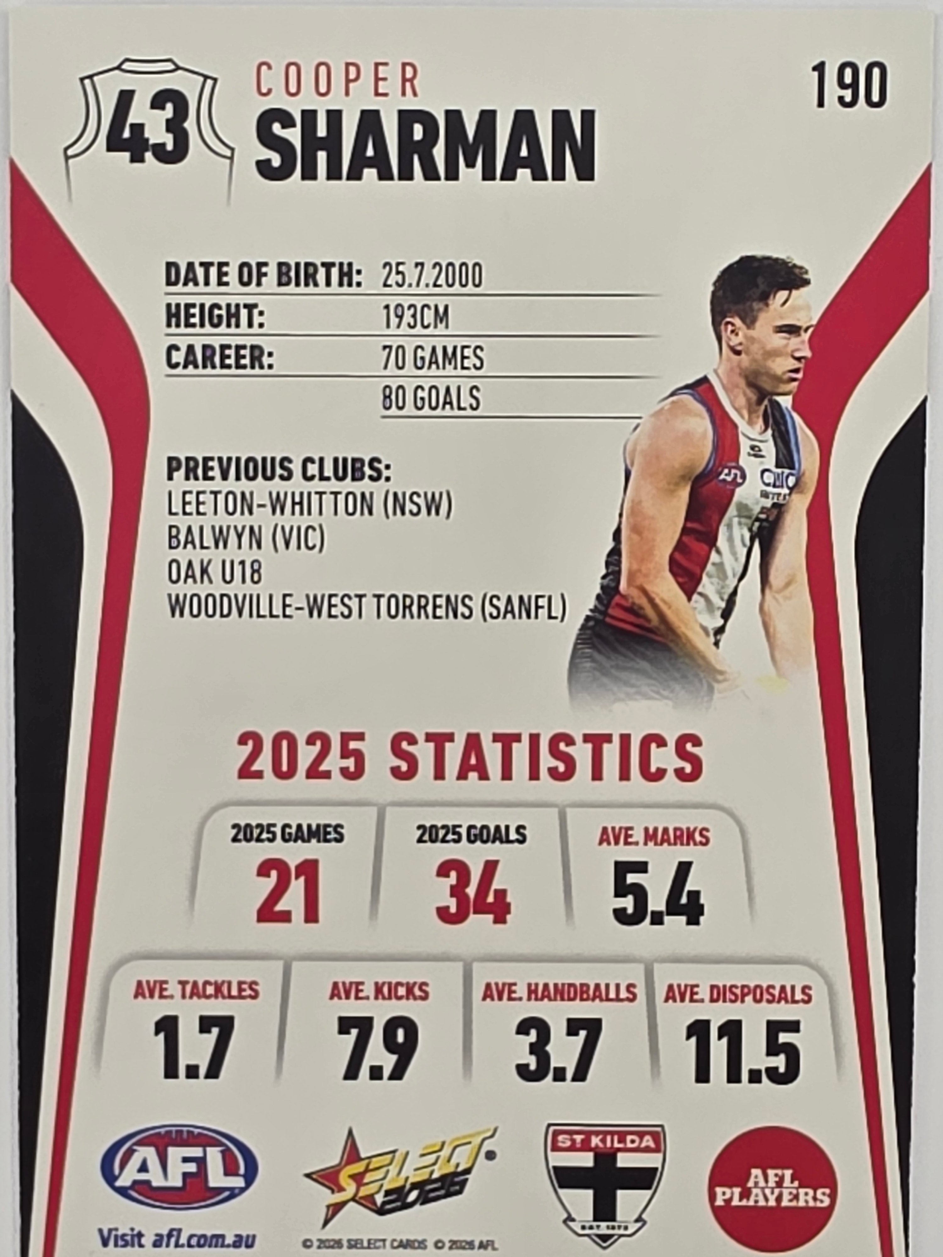 2026 AFL Footy Stars Base Card #19 Cooper Sharman - St Kilda Saints