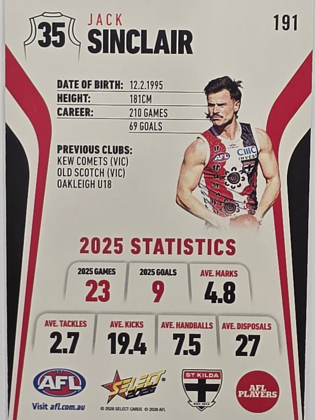 2026 AFL Footy Stars Base Card #191 Jack Sinclair - St Kilda Saints