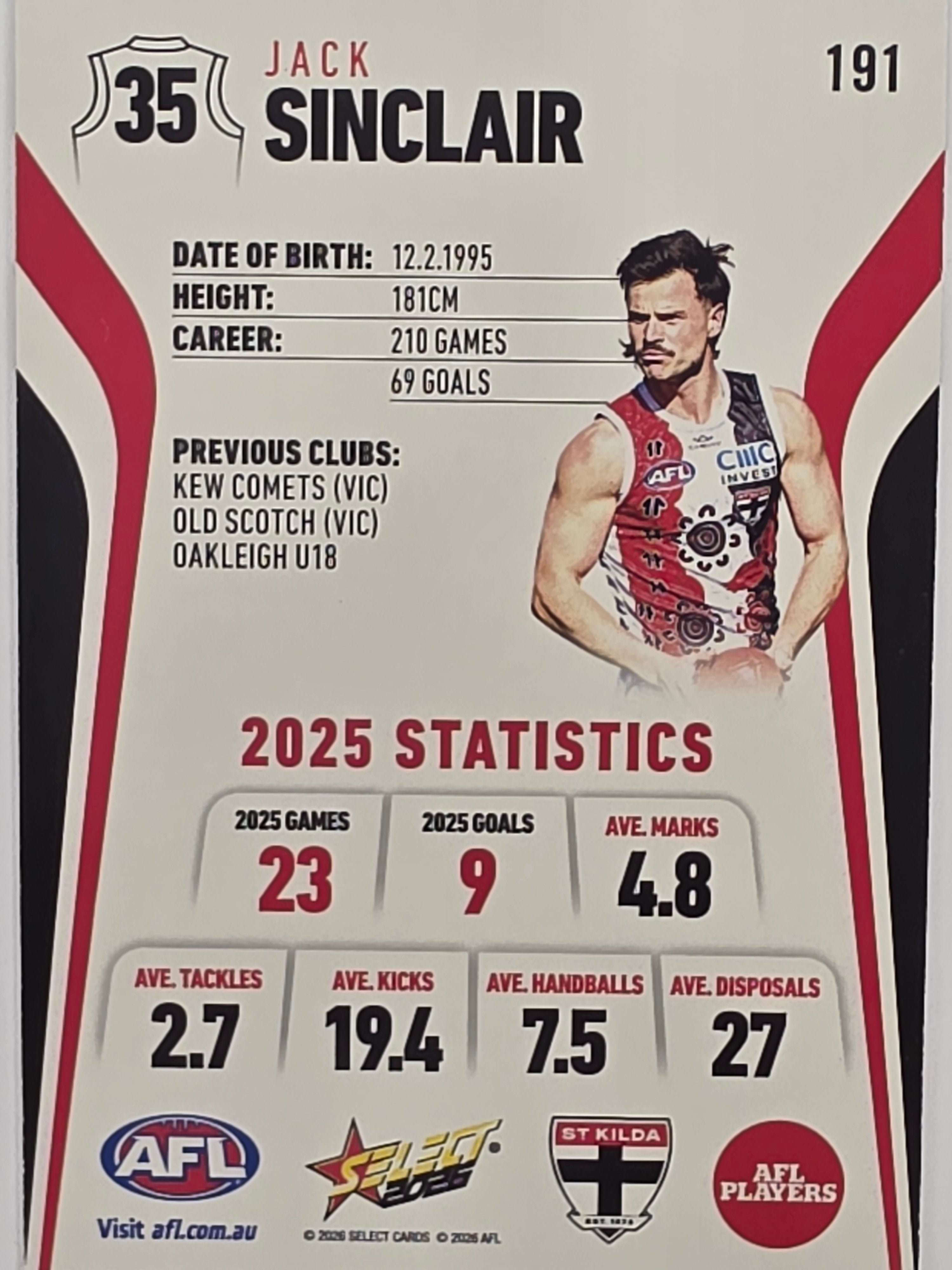 2026 AFL Footy Stars Base Card #191 Jack Sinclair - St Kilda Saints