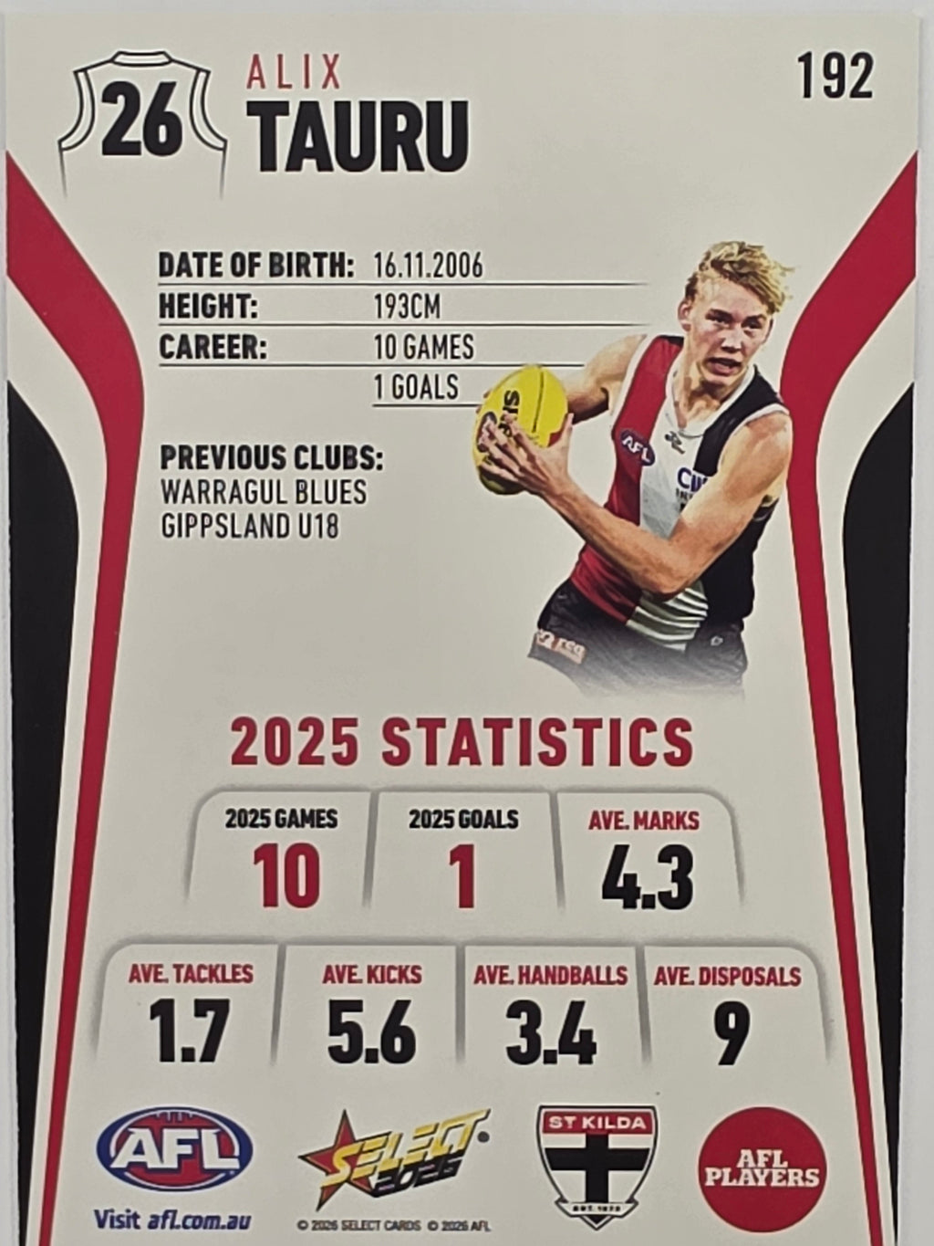 2026 AFL Footy Stars Base Card #192 Alix Tauru - St Kilda Saints