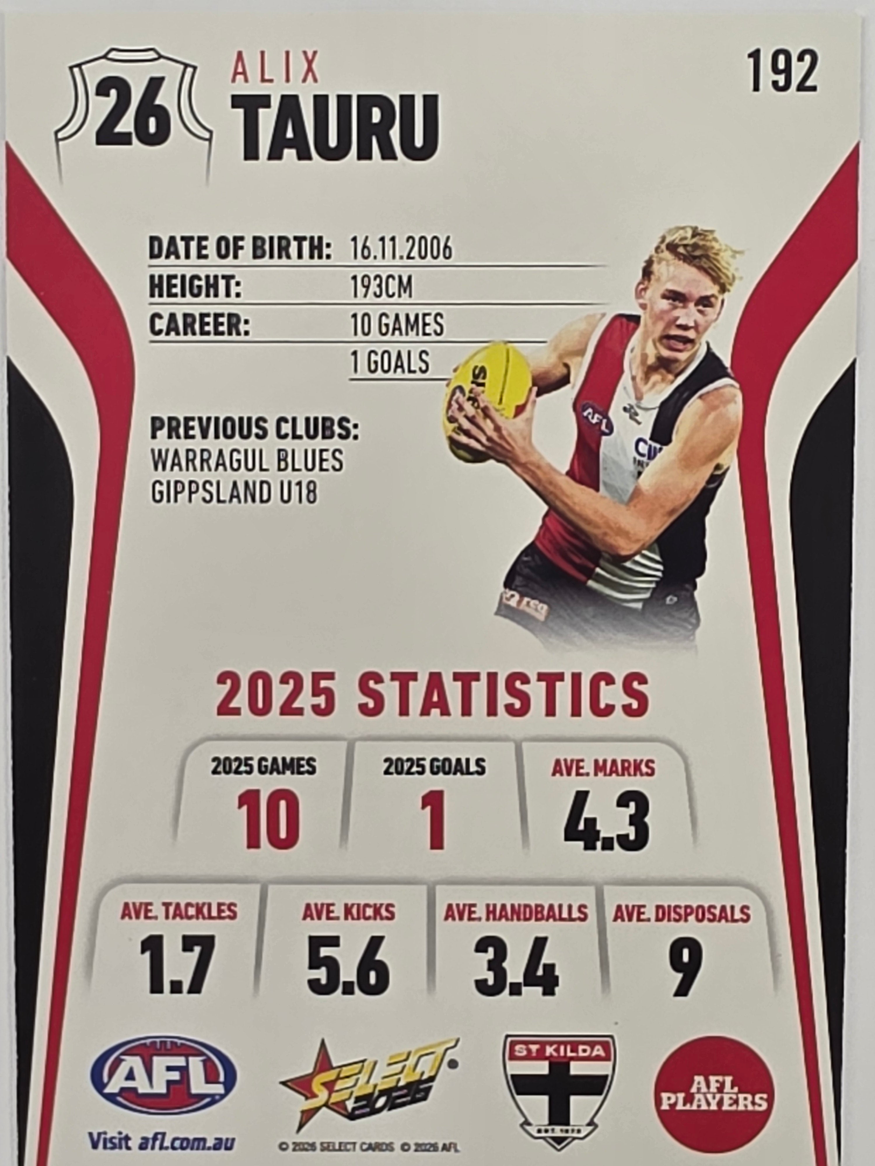 2026 AFL Footy Stars Base Card #192 Alix Tauru - St Kilda Saints