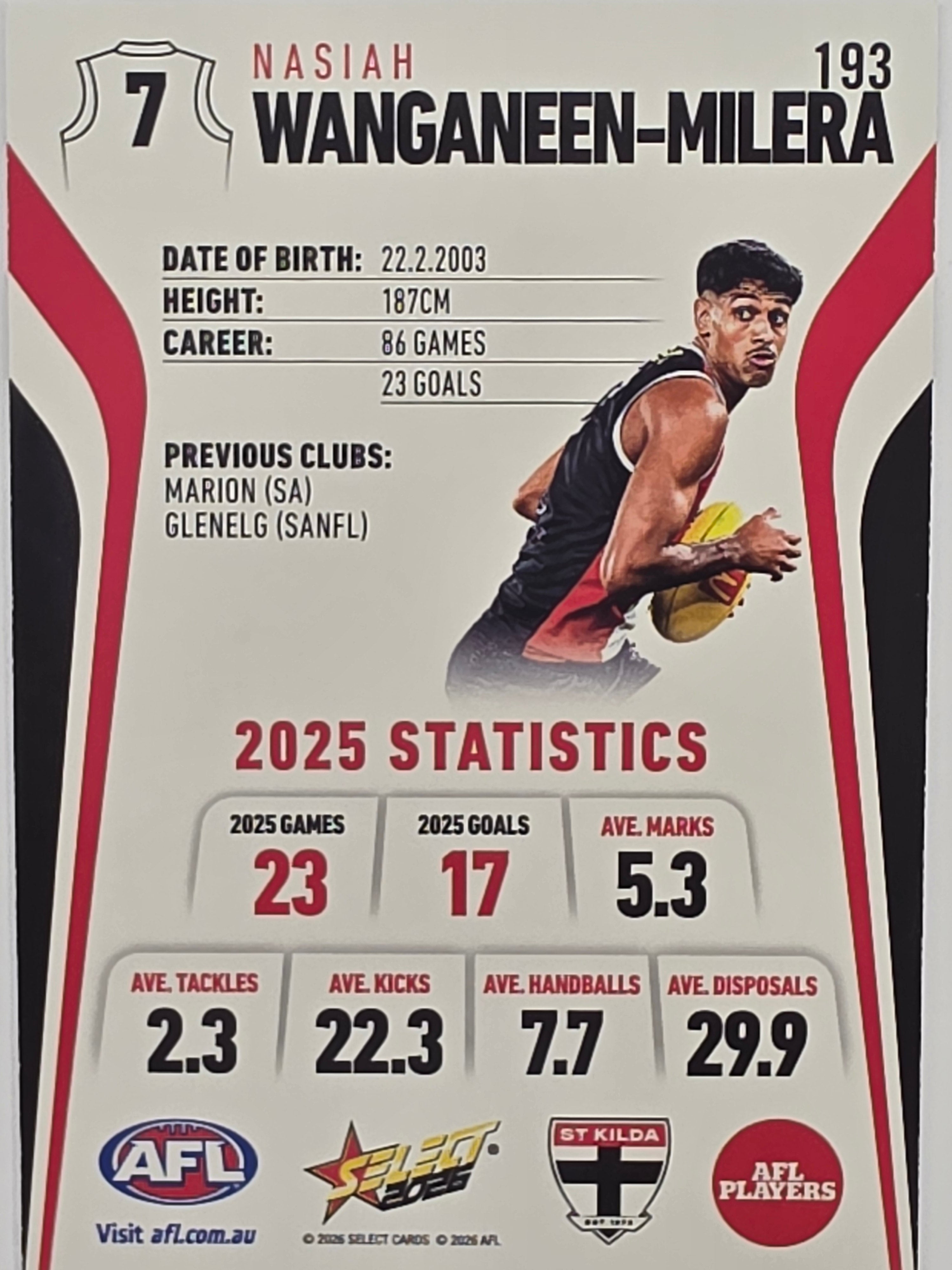 2026 AFL Footy Stars Base Card #193 Nasiah Wanganeen-Milera - St Kilda Saints