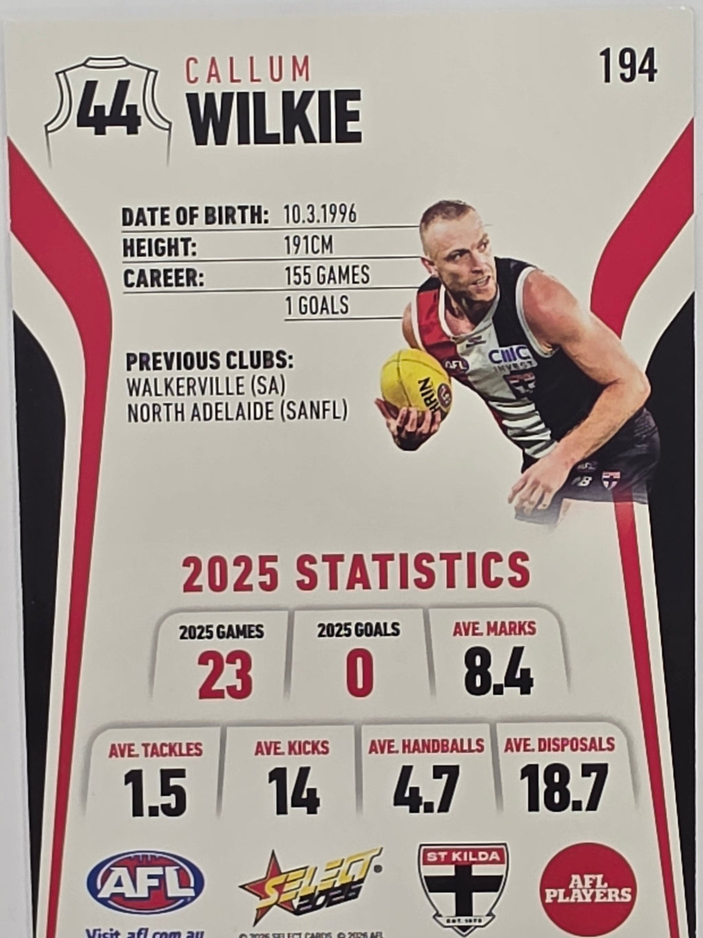 2026 AFL Footy Stars Base Card #194 Callum Wilkie - St Kilda Saints