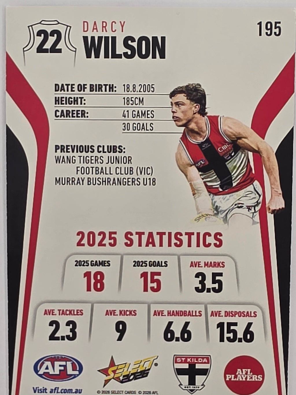 2026 AFL Footy Stars Base Card #195 Darcy Wilson - St Kilda Saints