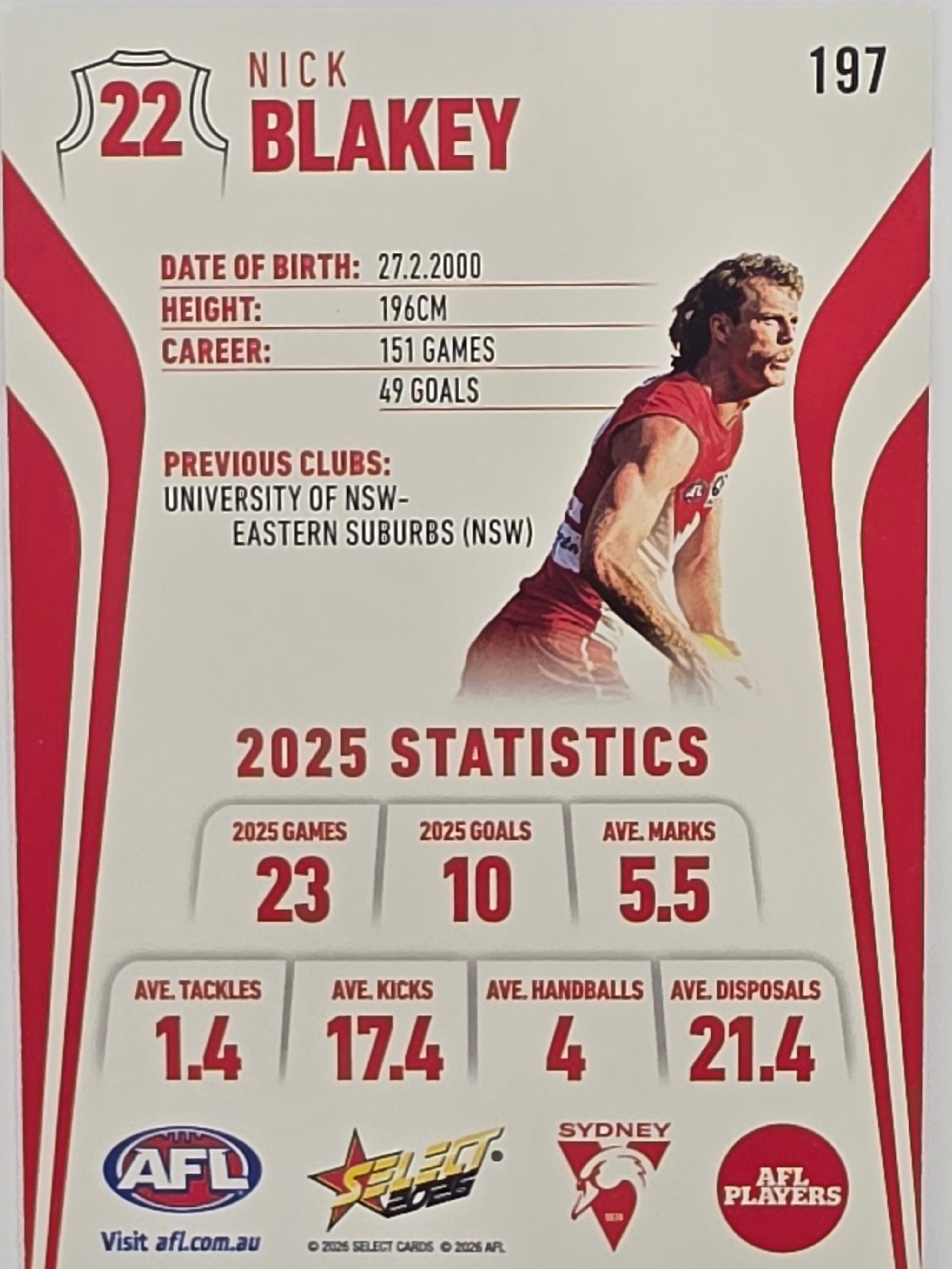 2026 AFL Footy Stars Base Card #197 Nick Blakey - Sydney Swans