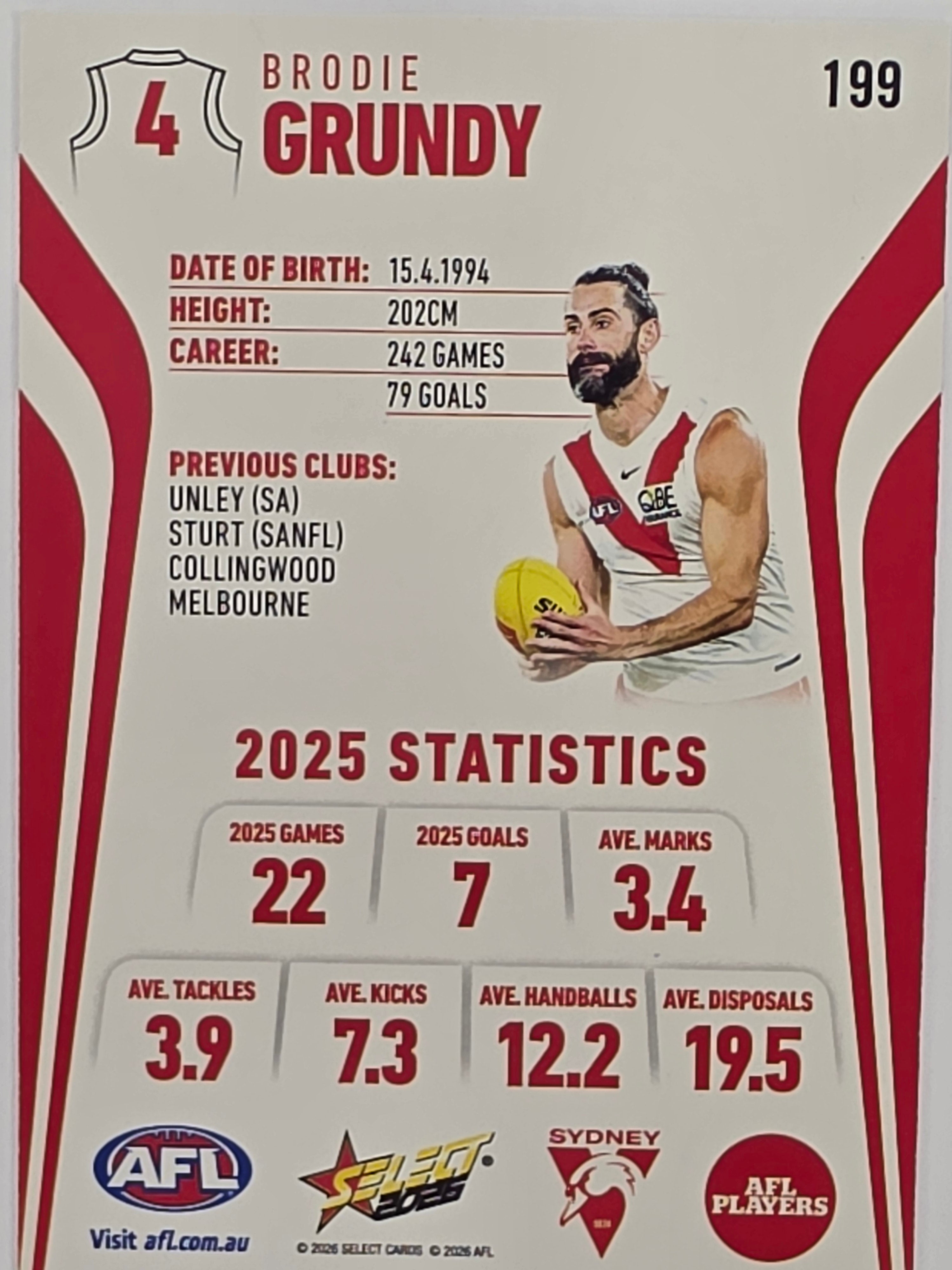 2026 AFL Footy Stars Base Card #199 Brodie Grundy - Sydney Swans