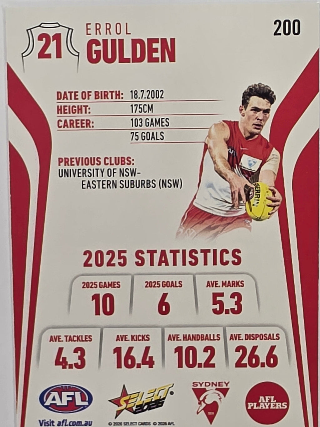 2026 AFL Footy Stars Base Card #200 Errol Gulden - Sydney Swans