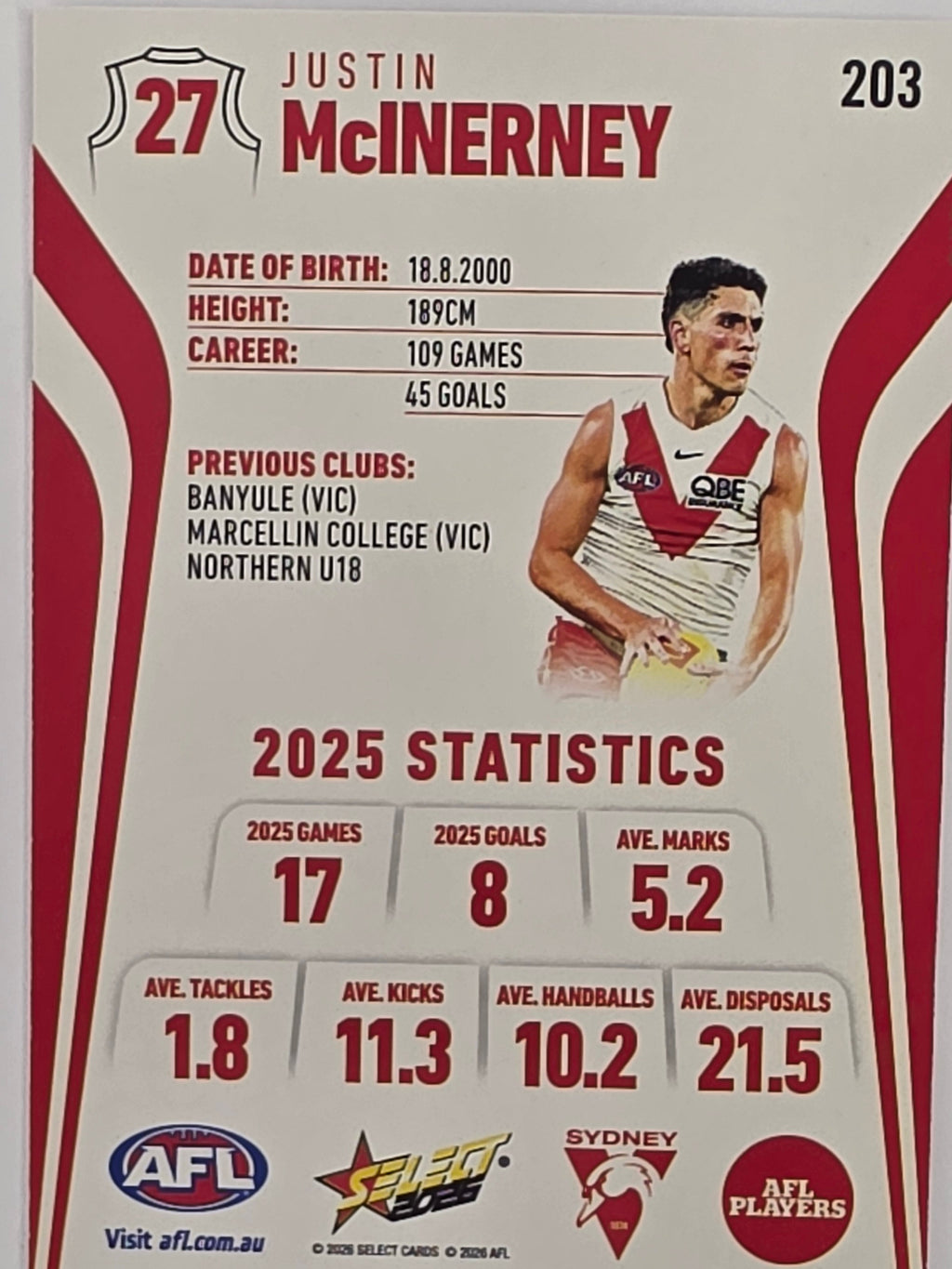 2026 AFL Footy Stars Base Card #203 Justin McInerney - Sydney Swans