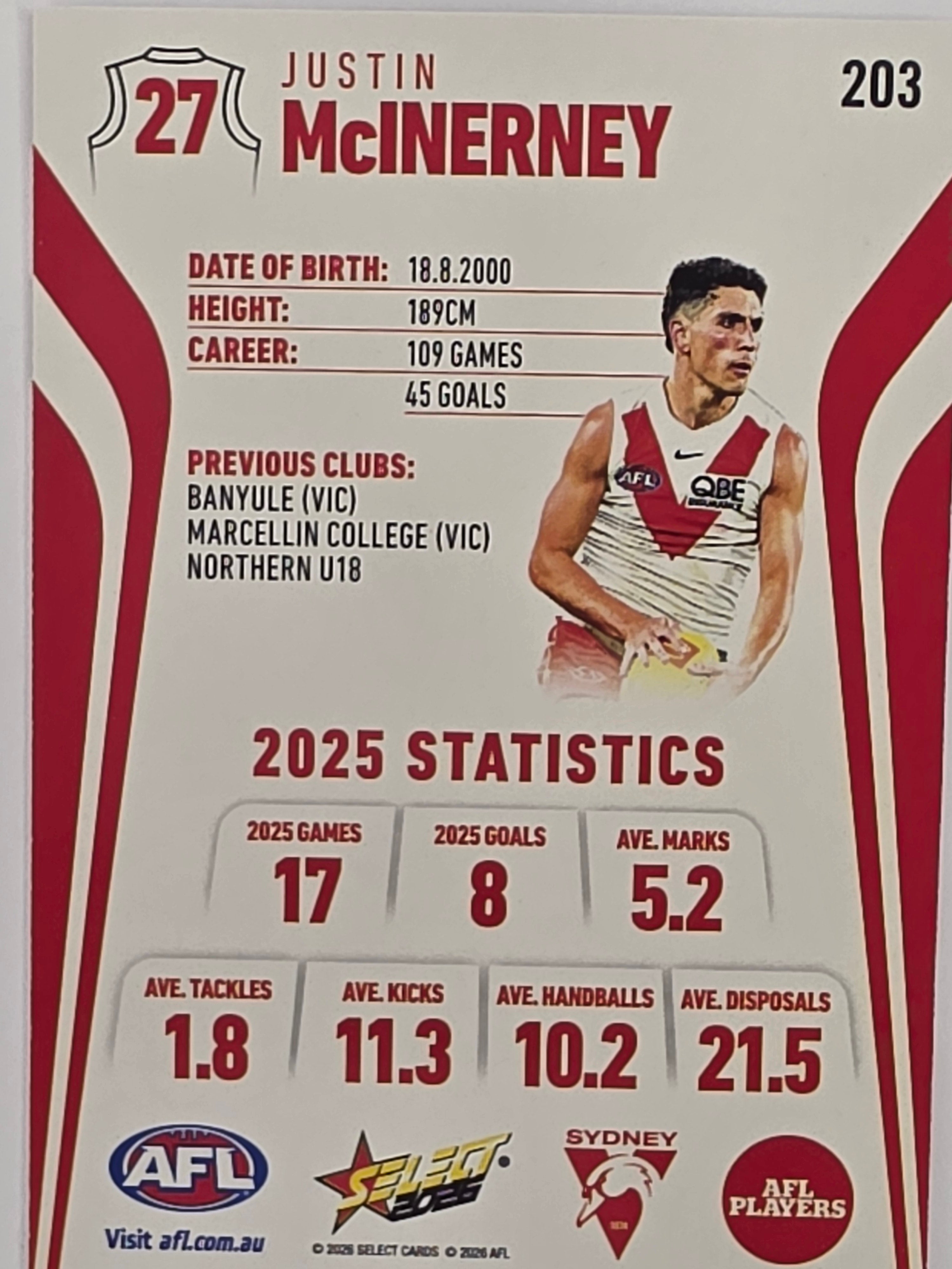 2026 AFL Footy Stars Base Card #203 Justin McInerney - Sydney Swans