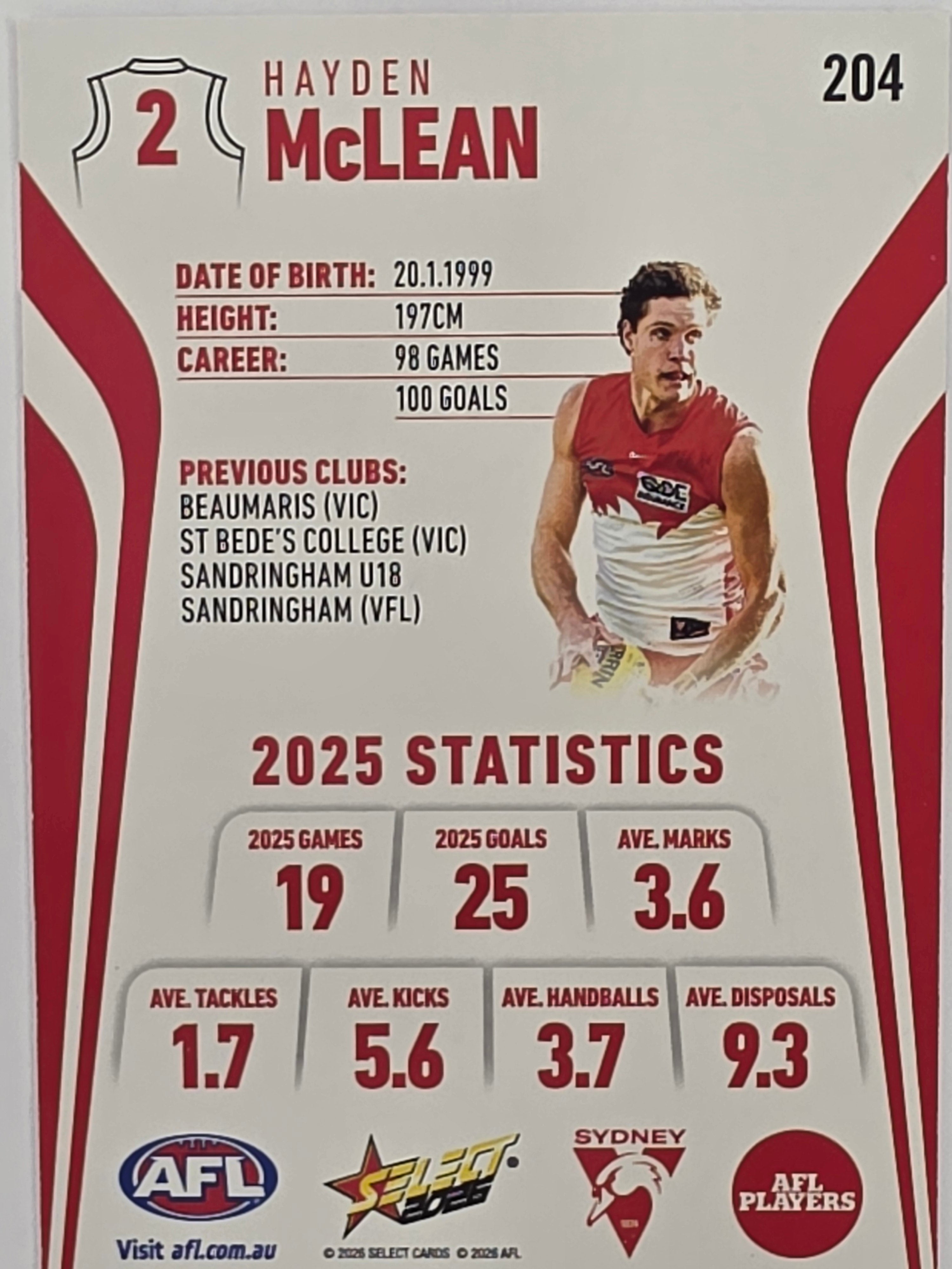 2026 AFL Footy Stars Base Card #204 Hayden McLean - Sydney Swans