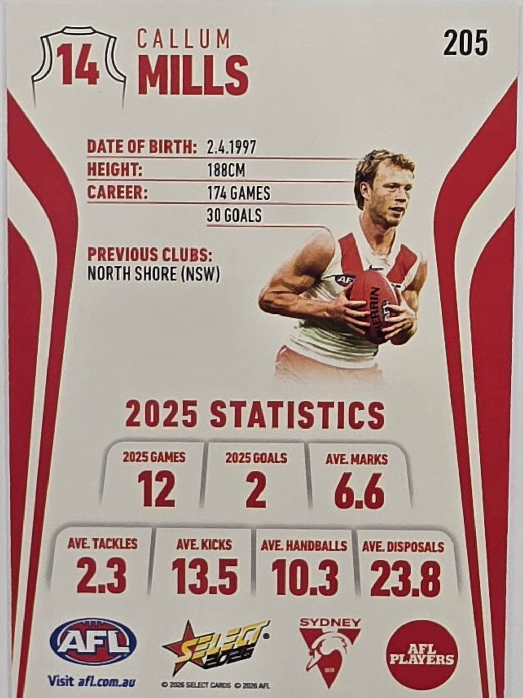 2026 AFL Footy Stars Base Card #205 Callum Mills - Sydney Swans