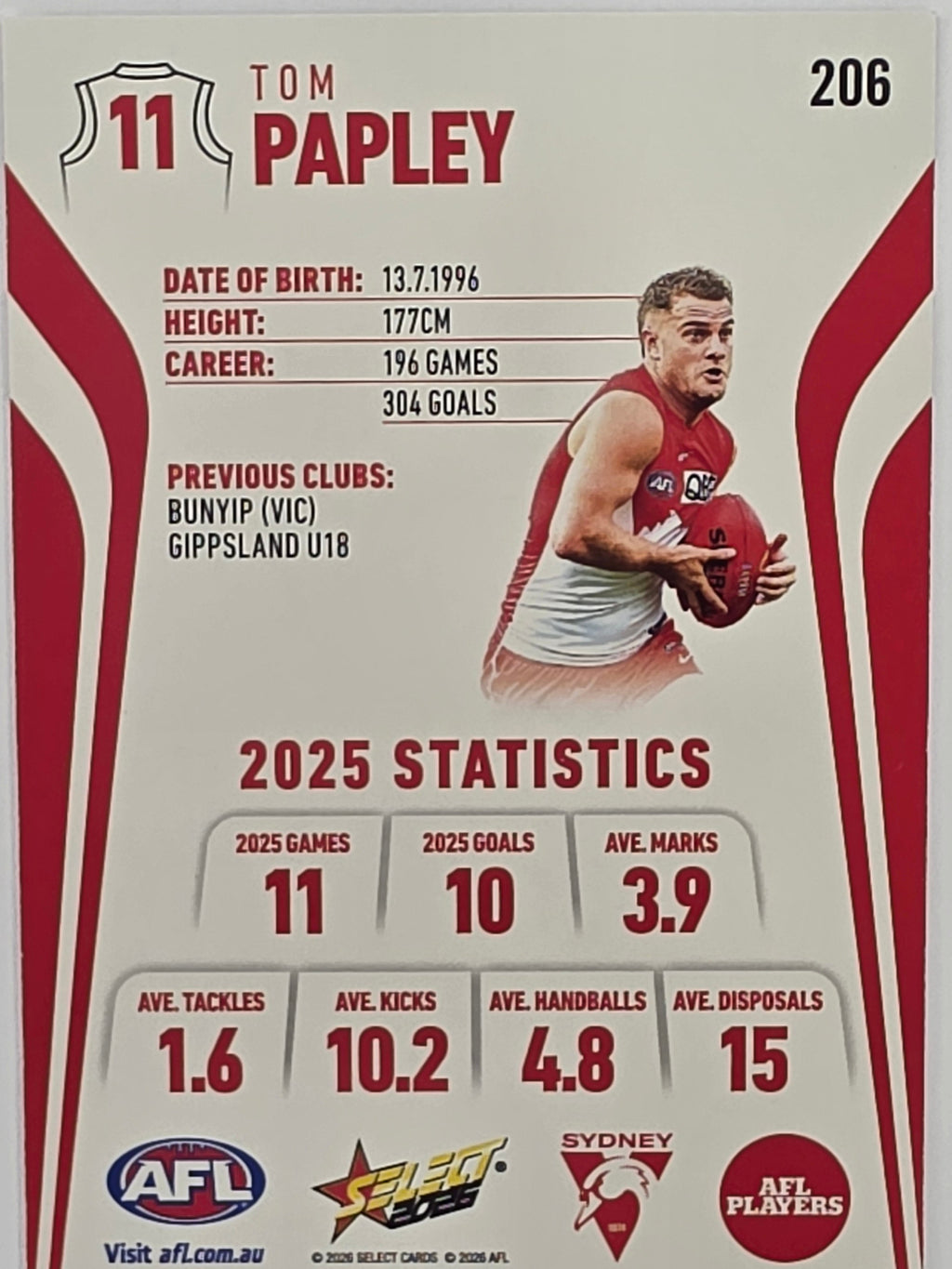 2026 AFL Footy Stars Base Card #206 Tom Papley - Sydney Swans