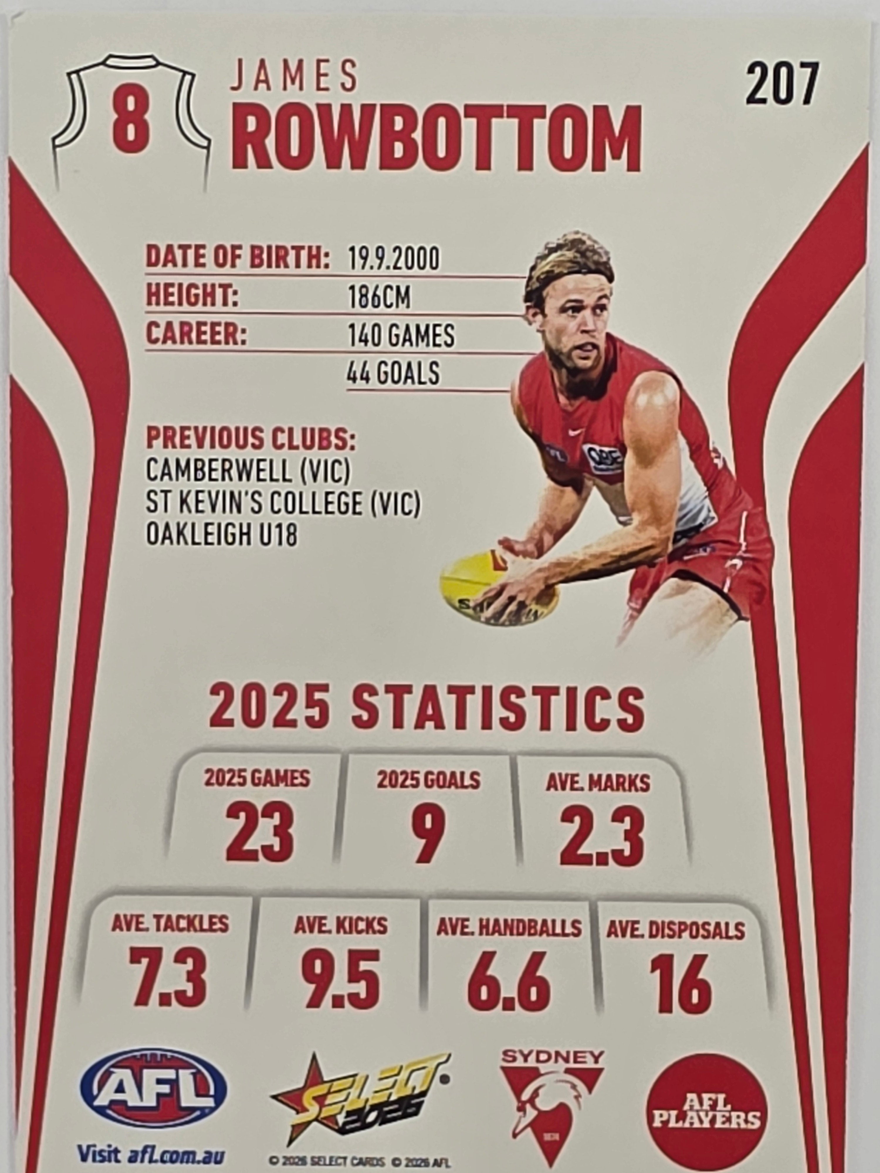 2026 AFL Footy Stars Base Card #207 James Rowbottom - Sydney Swans