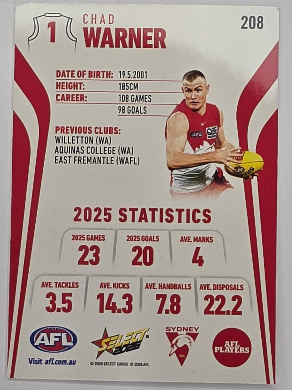 2026 AFL Footy Stars Base Card #208 Chad Warner - Sydney Swans