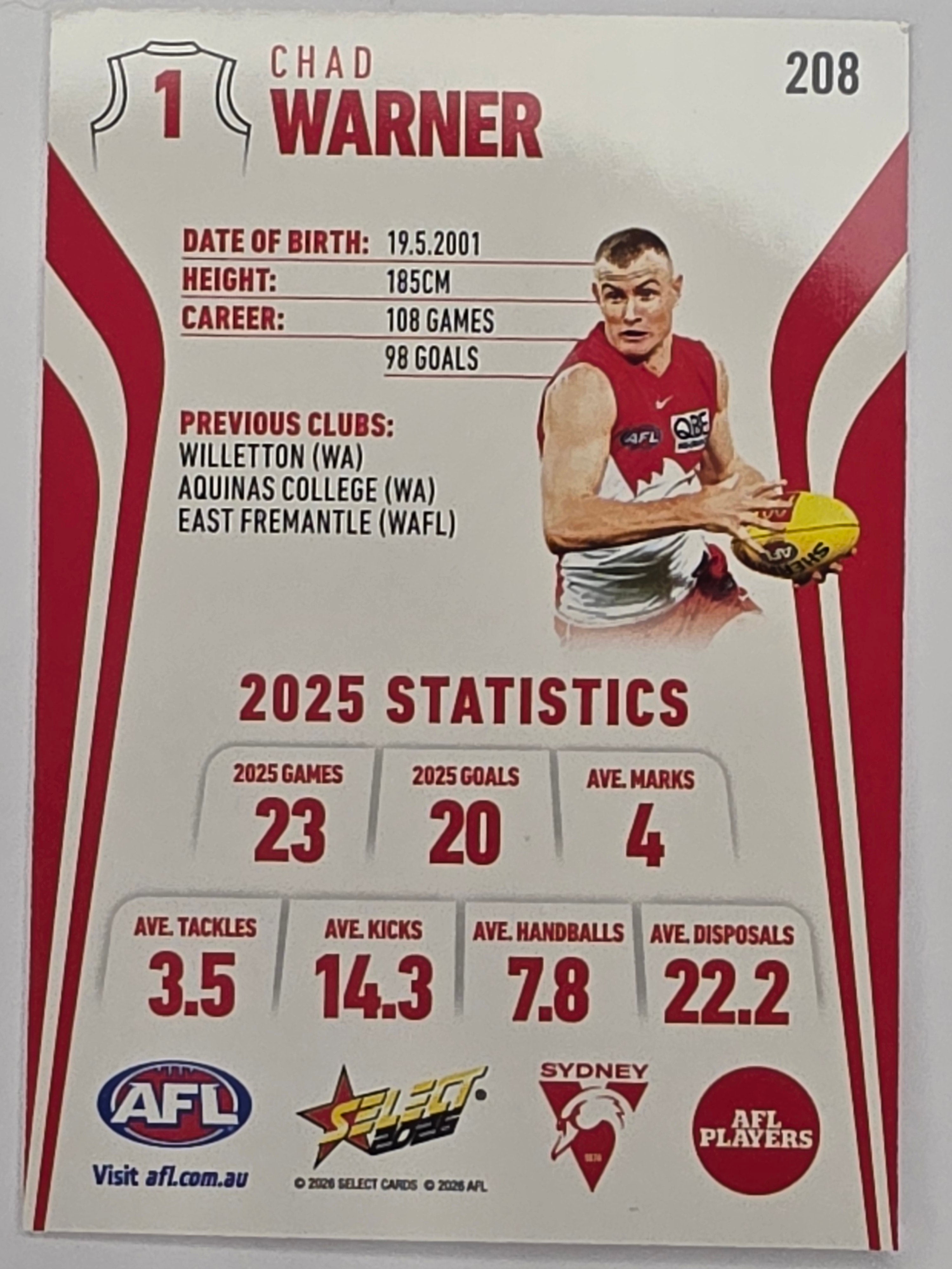 2026 AFL Footy Stars Base Card #208 Chad Warner - Sydney Swans