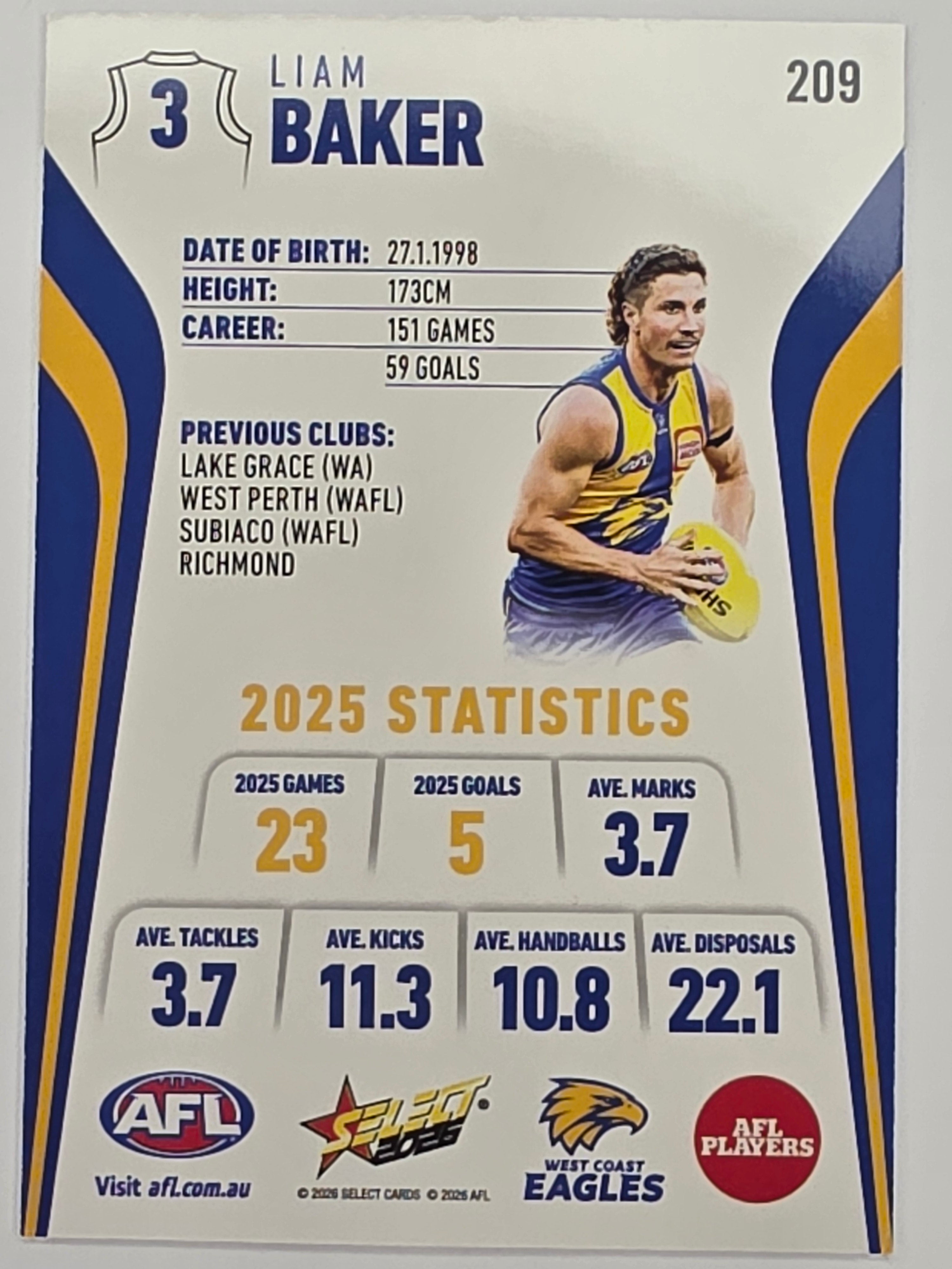 2026 AFL Footy Stars Base Card #209 Liam Baker - West Coast Eagles