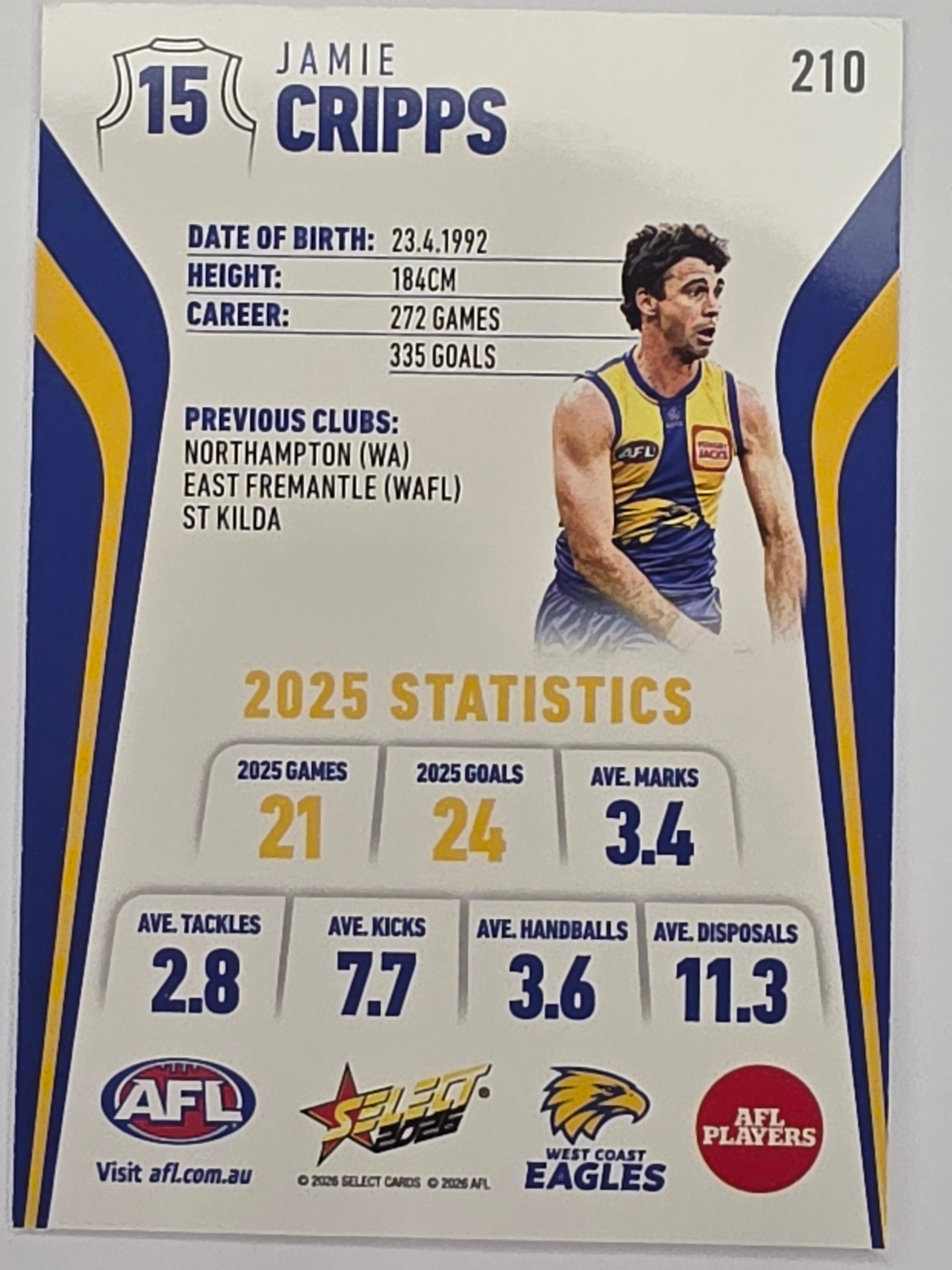 2026 AFL Footy Stars Base Card #210 Jamie Cripps - West Coast Eagles