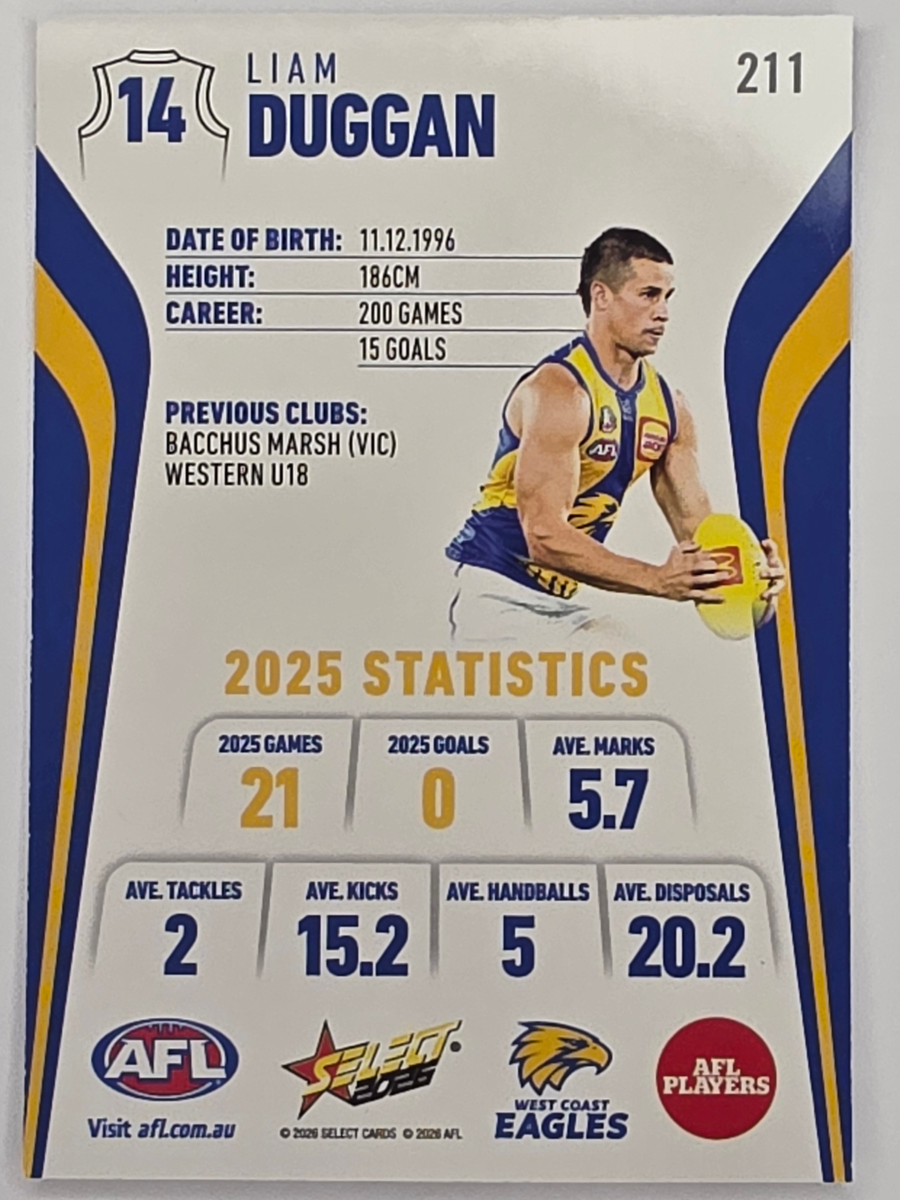 2026 AFL Footy Stars Base Card #211 Liam Duggan - West Coast Eagles