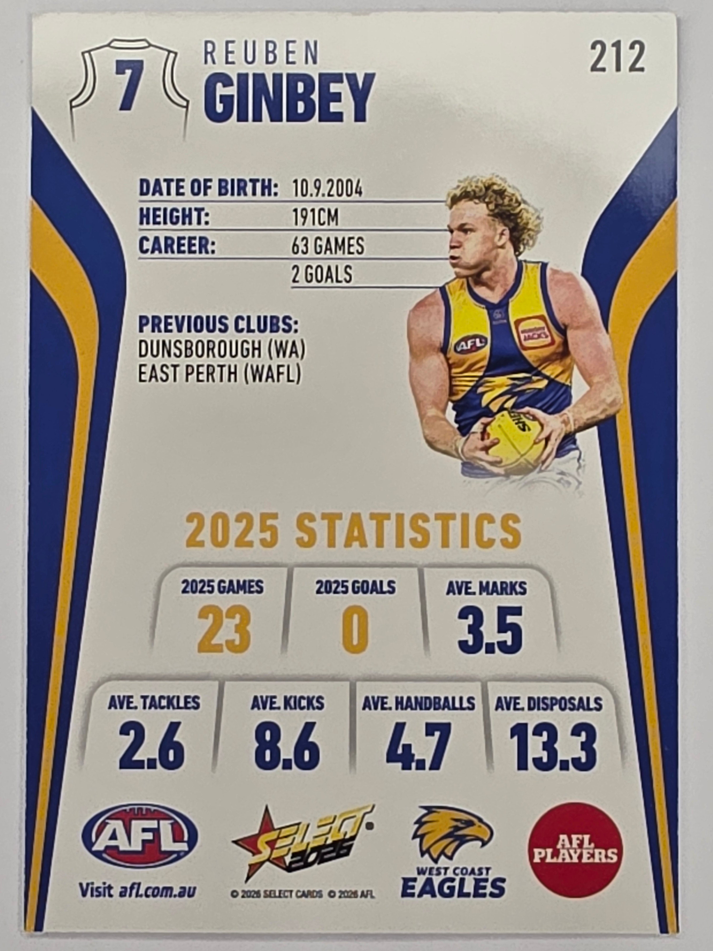 2026 AFL Footy Stars Base Card #212 Reuben Ginbey - West Coast Eagles