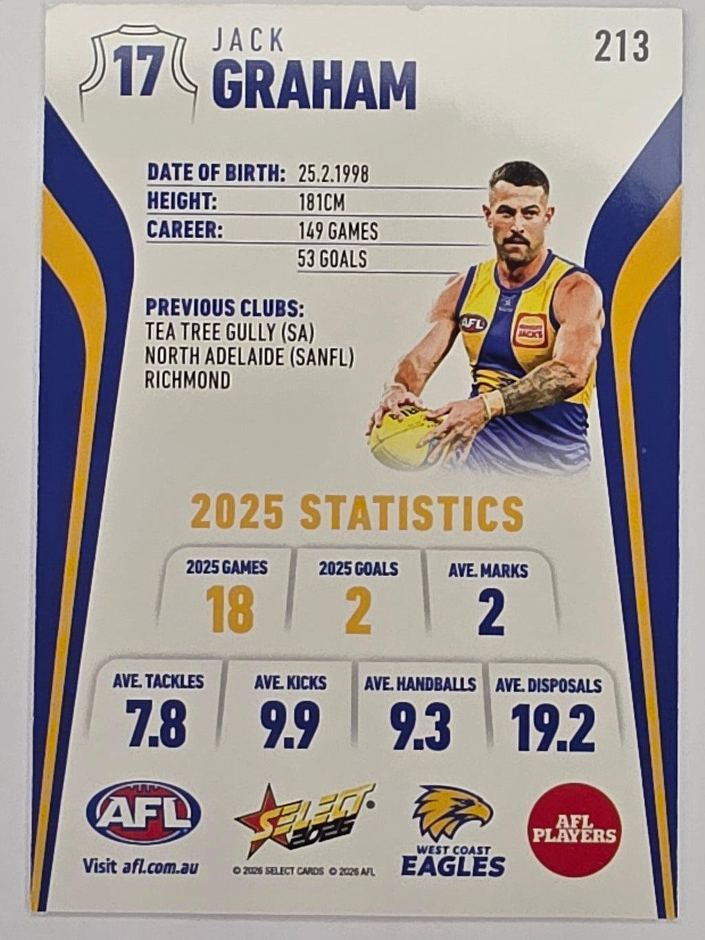 2026 AFL Footy Stars Base Card #213 Jack Graham - West Coast Eagles