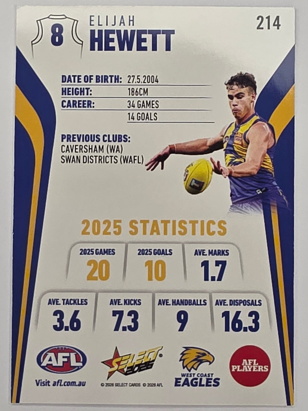 2026 AFL Footy Stars Base Card #214 Elijah Hewett - West Coast Eagles