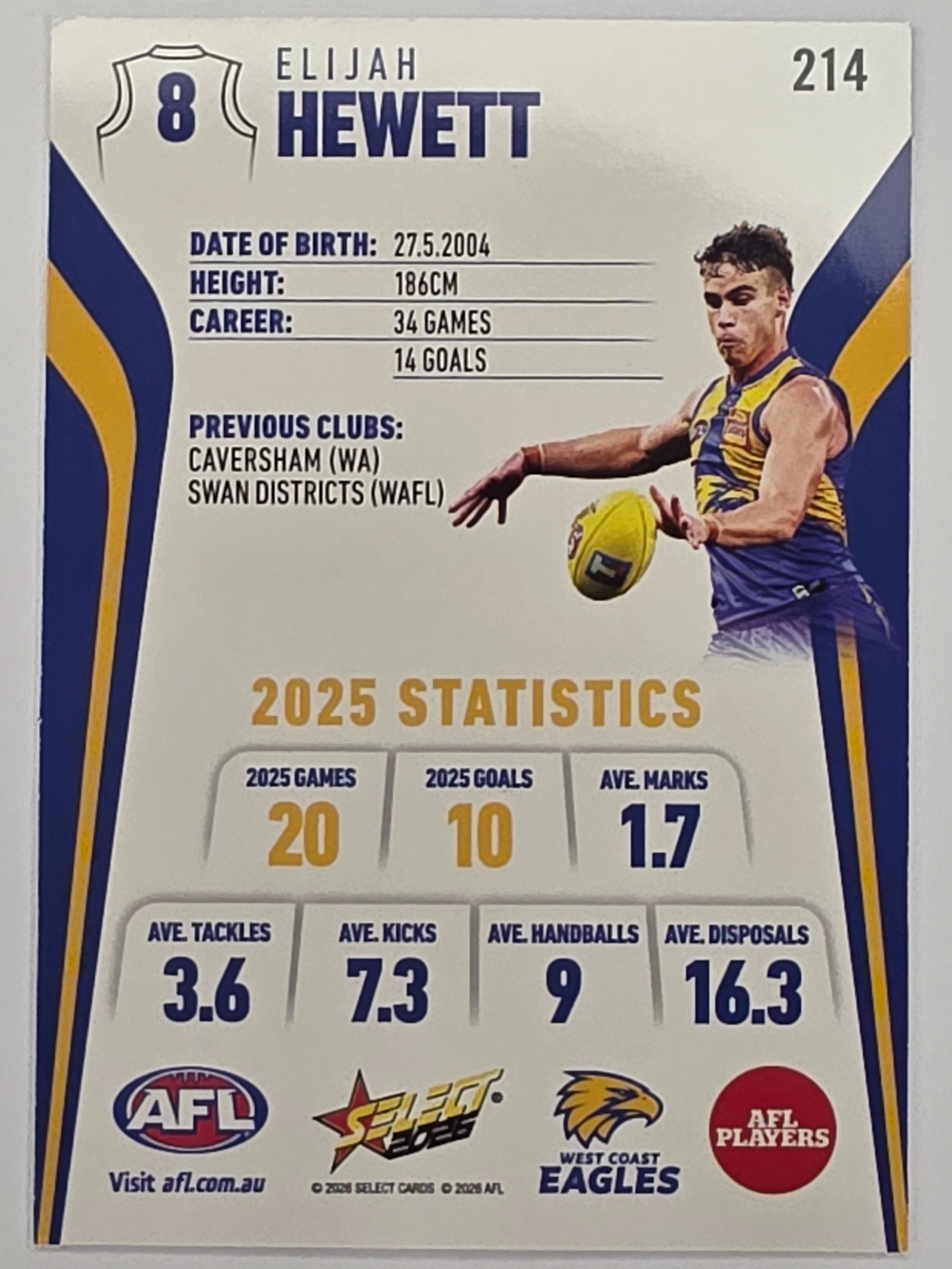 2026 AFL Footy Stars Base Card #214 Elijah Hewett - West Coast Eagles