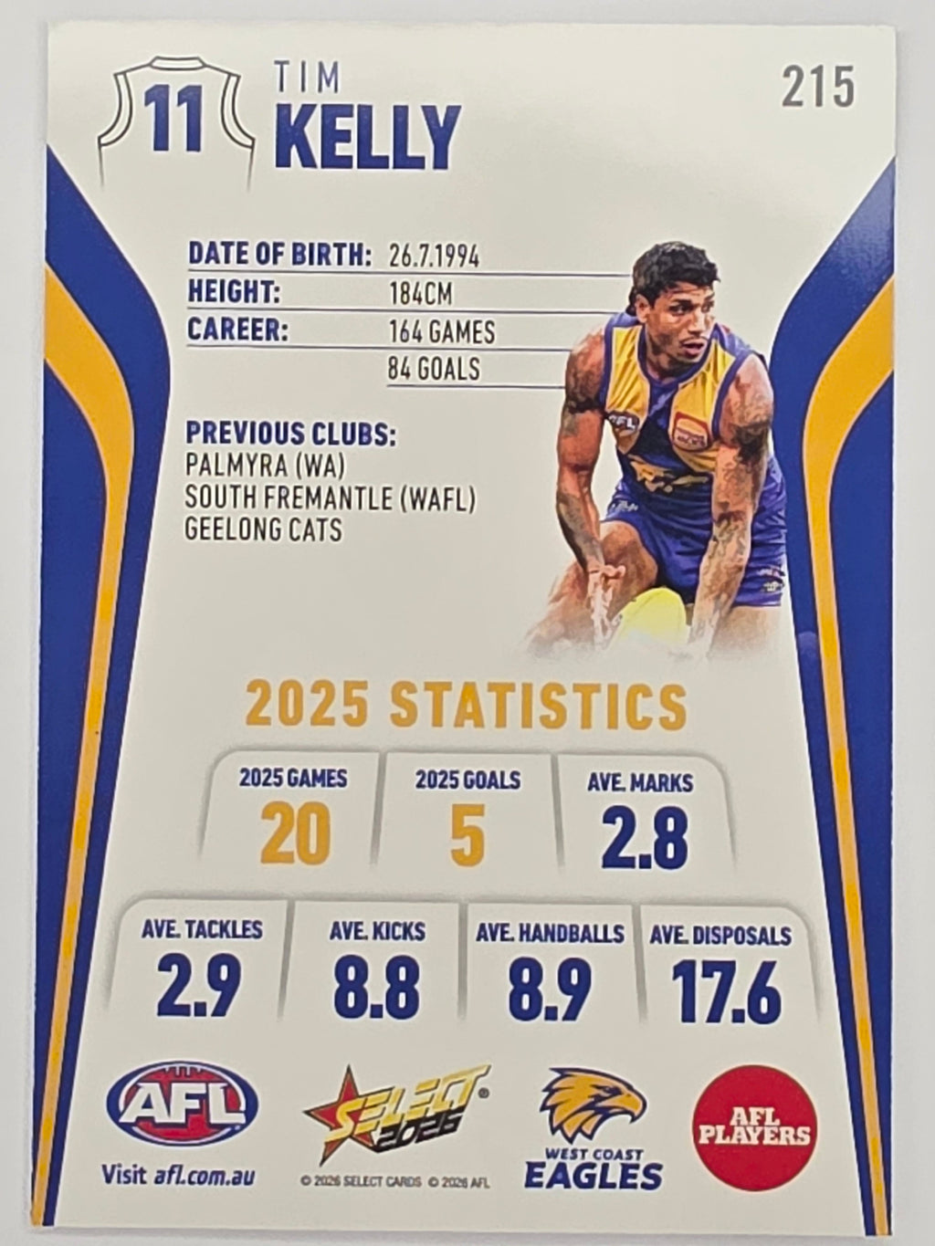 2026 AFL Footy Stars Base Card #215 Tim Kelly - West Coast Eagles