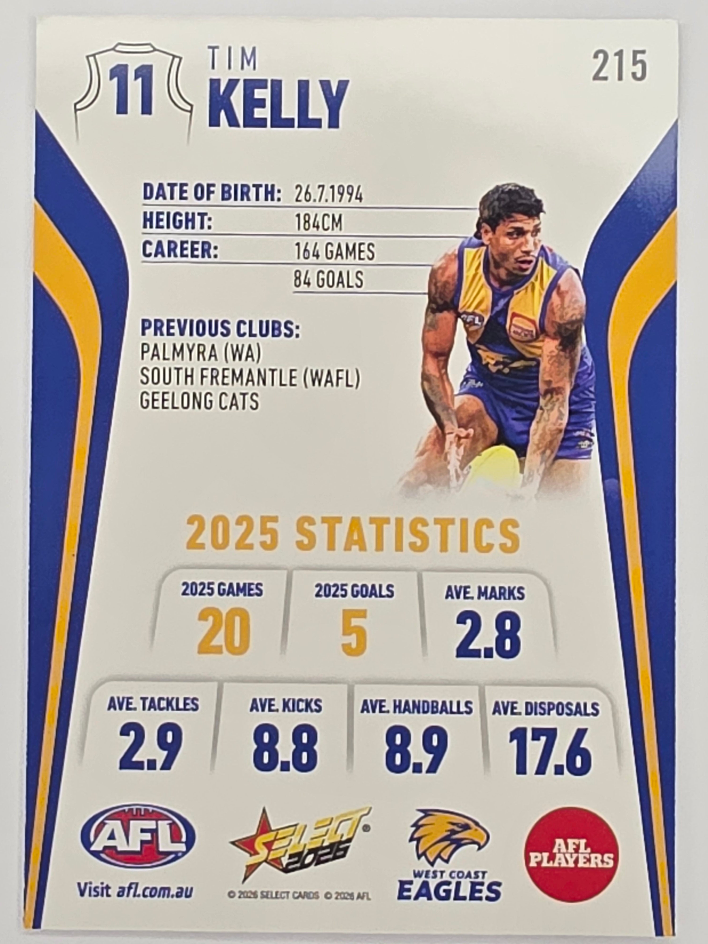 2026 AFL Footy Stars Base Card #215 Tim Kelly - West Coast Eagles