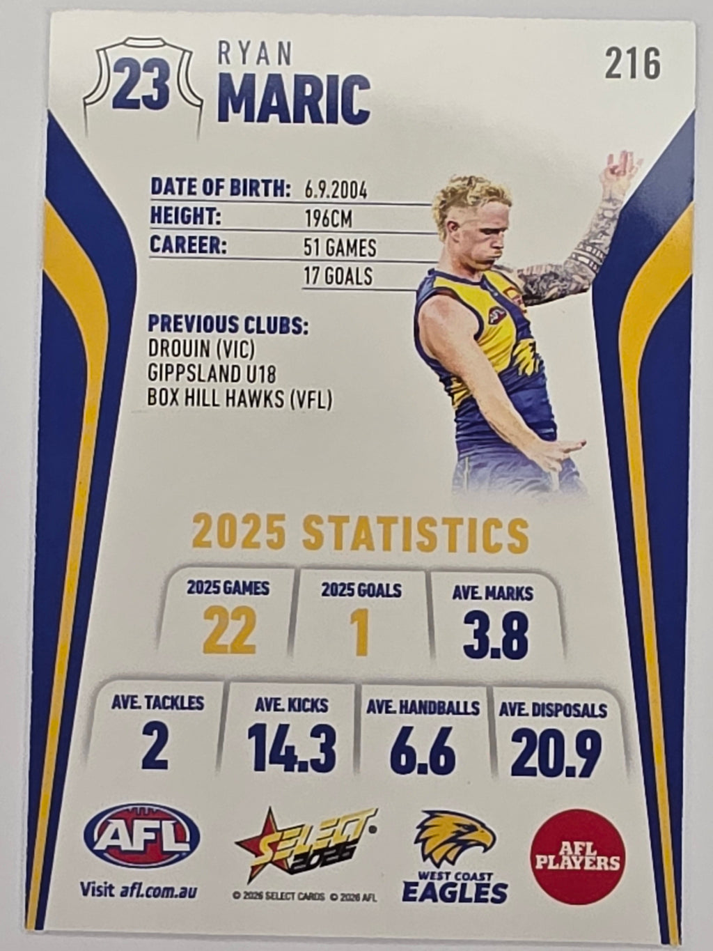2026 AFL Footy Stars Base Card #216 Ryan Maric - West Coast Eagles