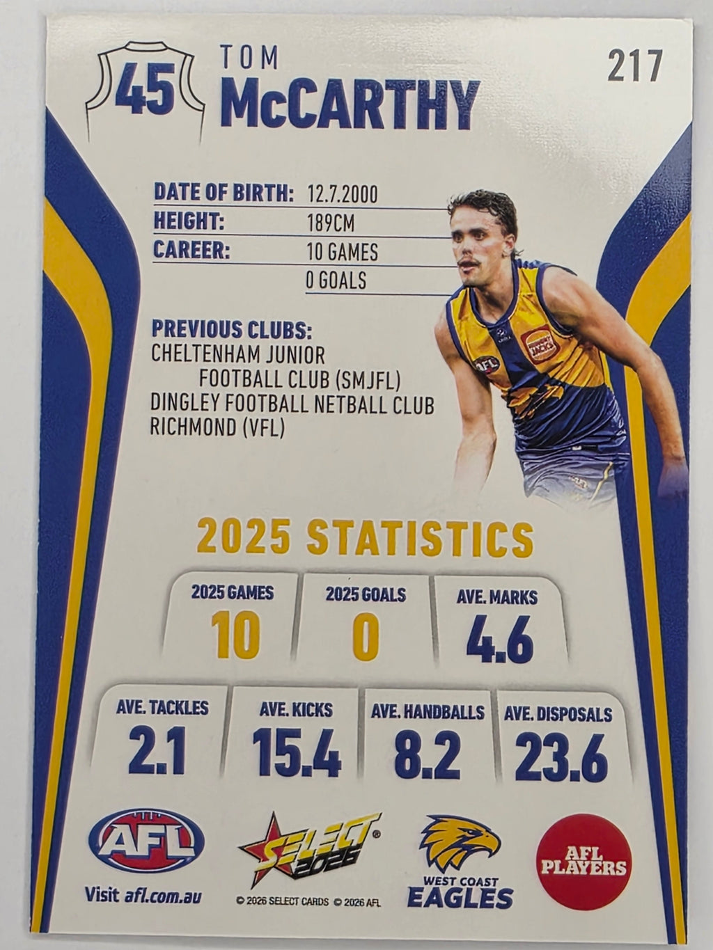 2026 AFL Footy Stars Base Card #217 Tom McCarthy - West Coast Eagles